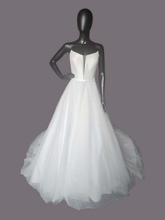 A-Line Fitted Bodice Cateye Plunge Wedding Gown - Amy & Eve