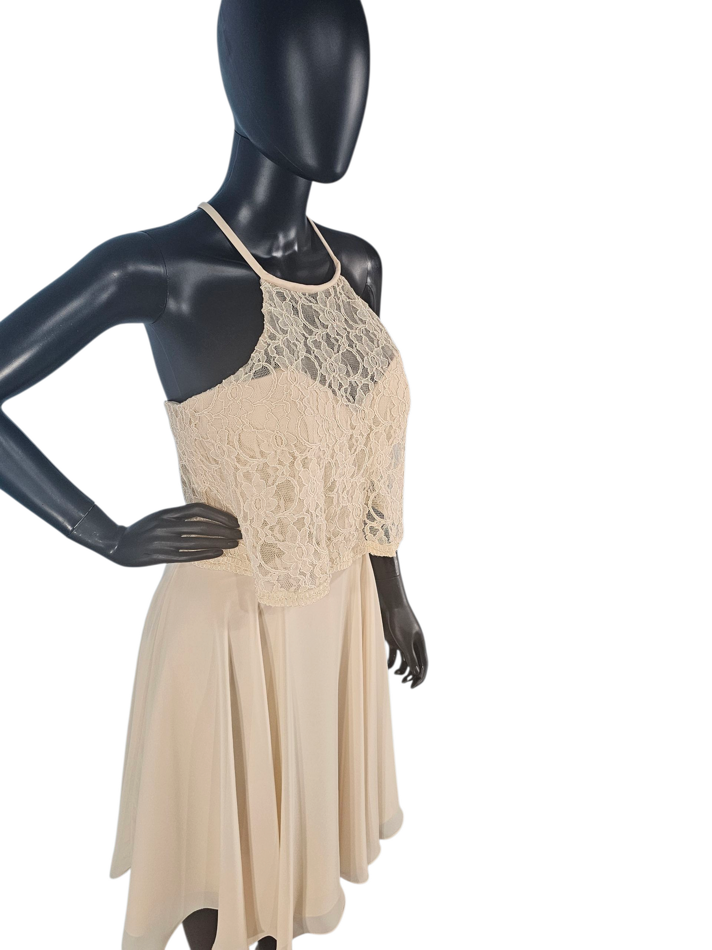 Champagne Lace/Chiffon Halter Flutter Cocktail/Party Dress - Mori Lee