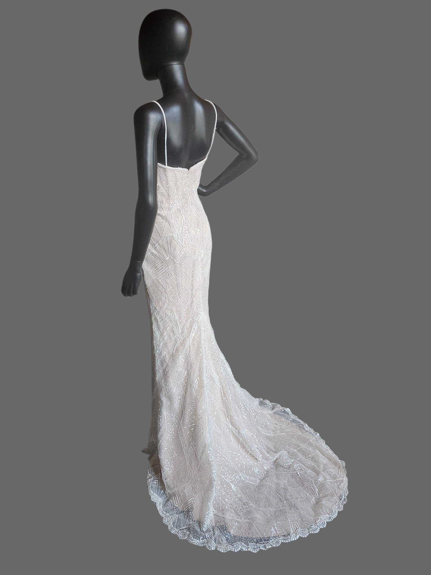 Nude Art Deco Inspired Embroidered Sequin Fit/Flare Wedding Gown - Davinci