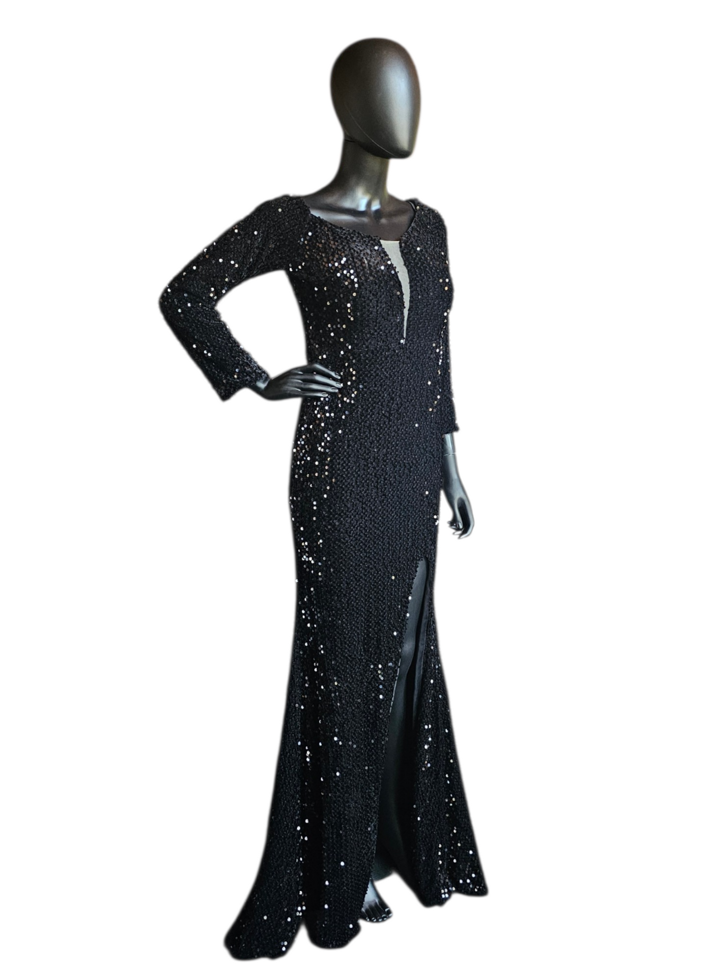 Black Sequin Fitted 3/4 Sleeve Plunge Slit Formal/Prom Dress  - Miss Ord