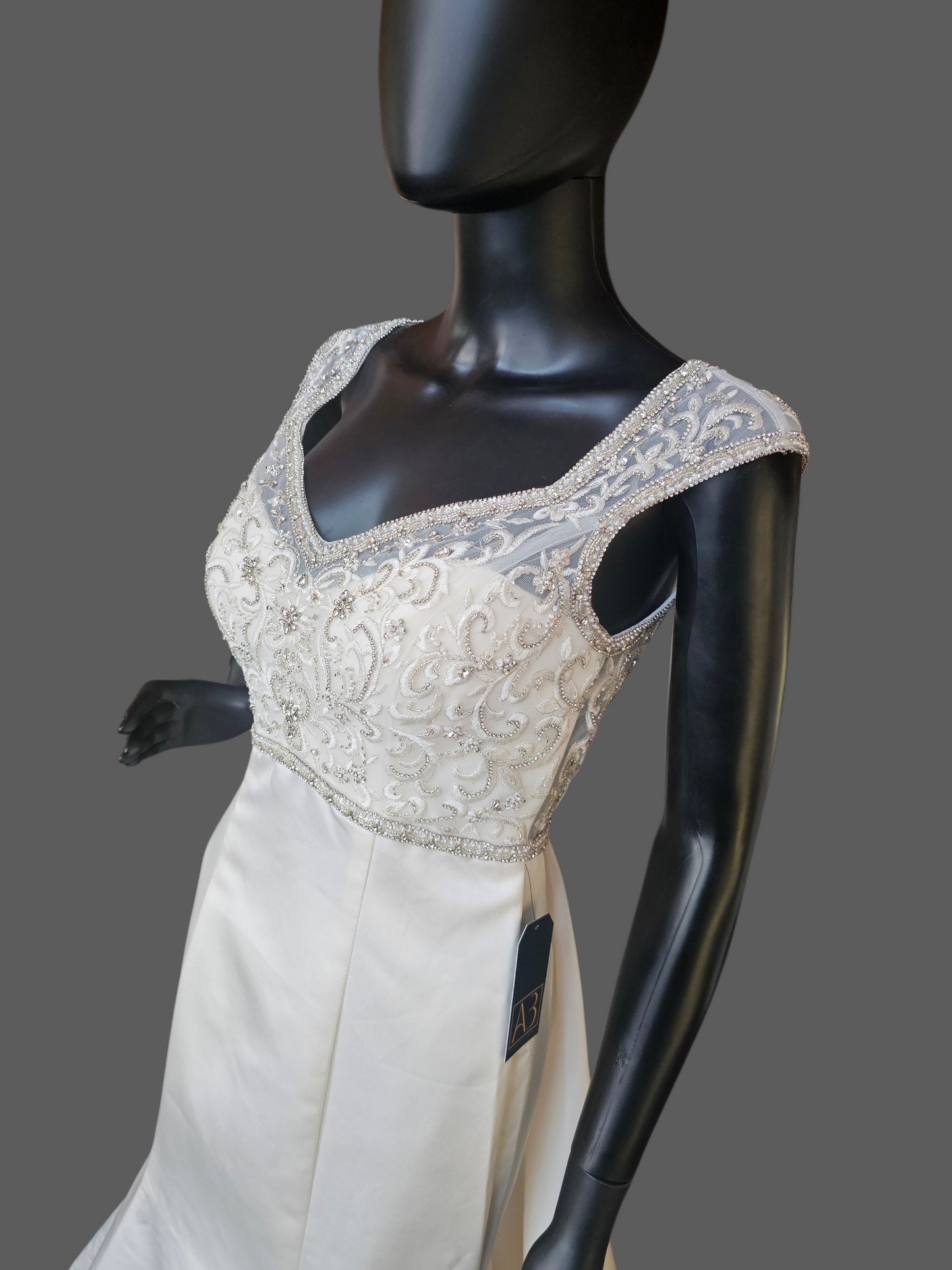 Ivory Satin Empire V-Neck Cap Sleeve Fit/Flare Wedding Gown - Da Vinci