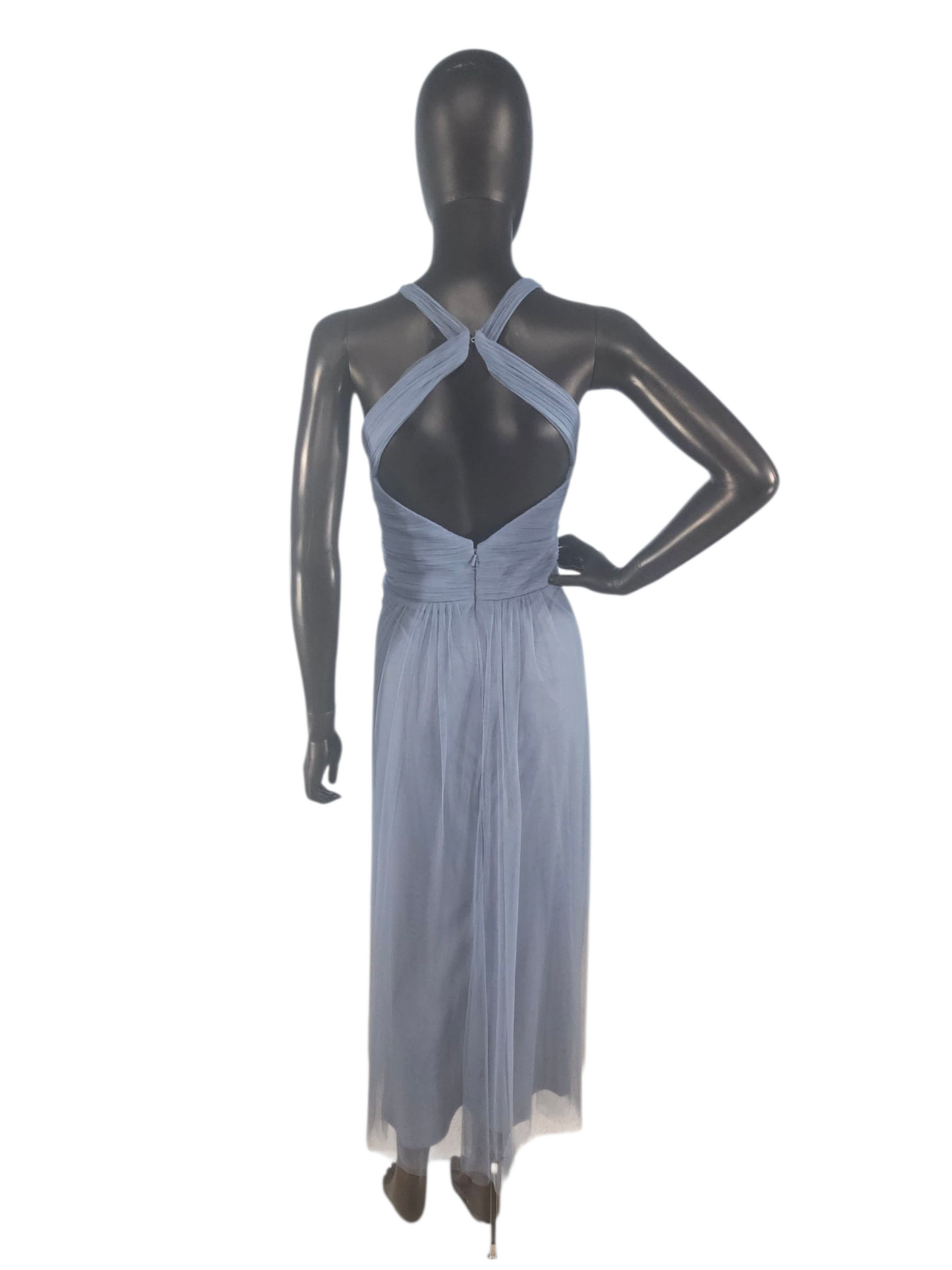 Slate Net/Tulle Tea Length Halter Formal Dress - Bill Levkoff