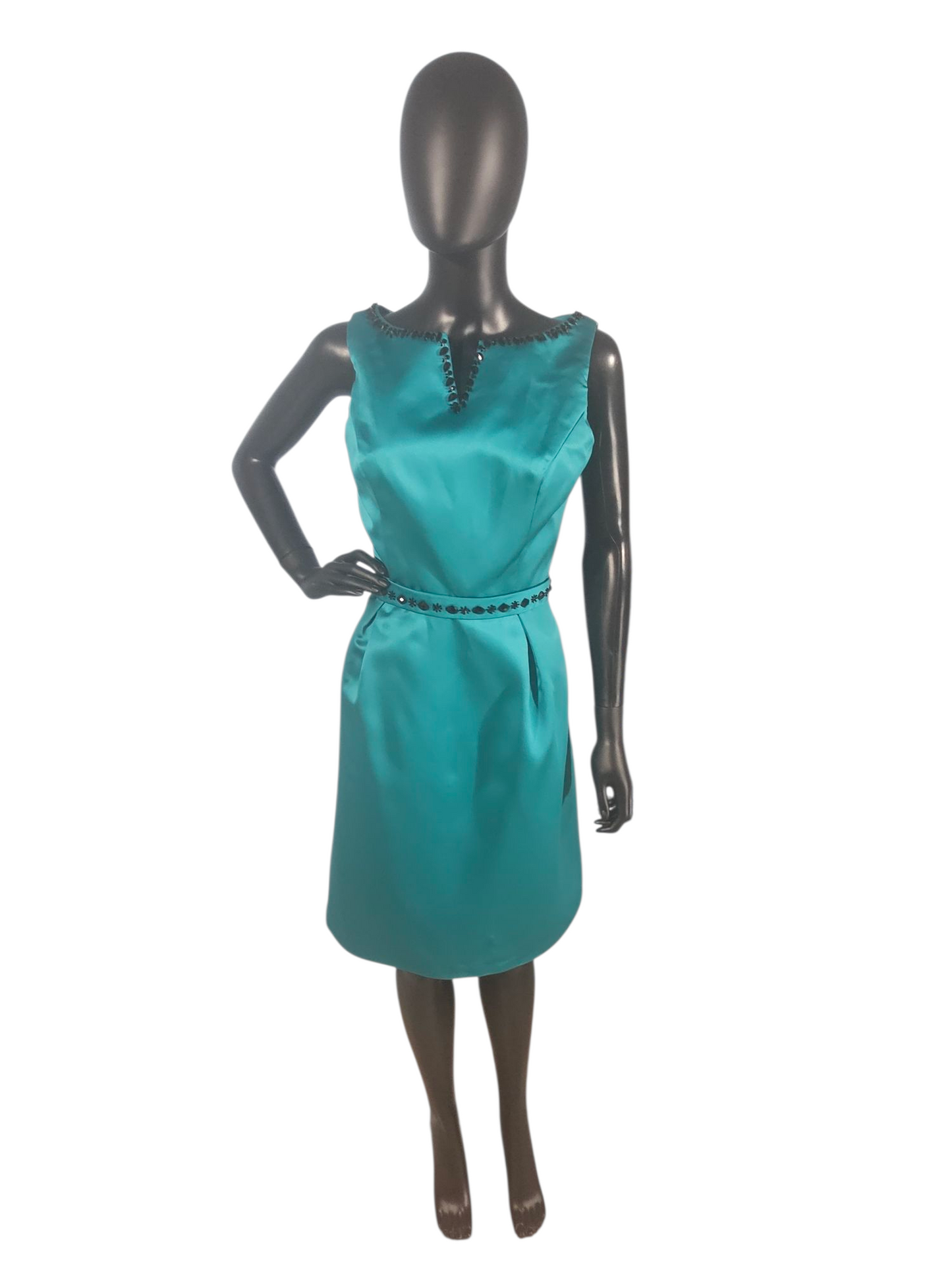 Teal Satin/Black Crystal A-Line Cocktail Dress - Da Vinci