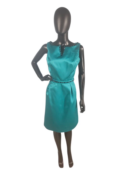 Teal Satin/Black Crystal A-Line Cocktail Dress - Da Vinci