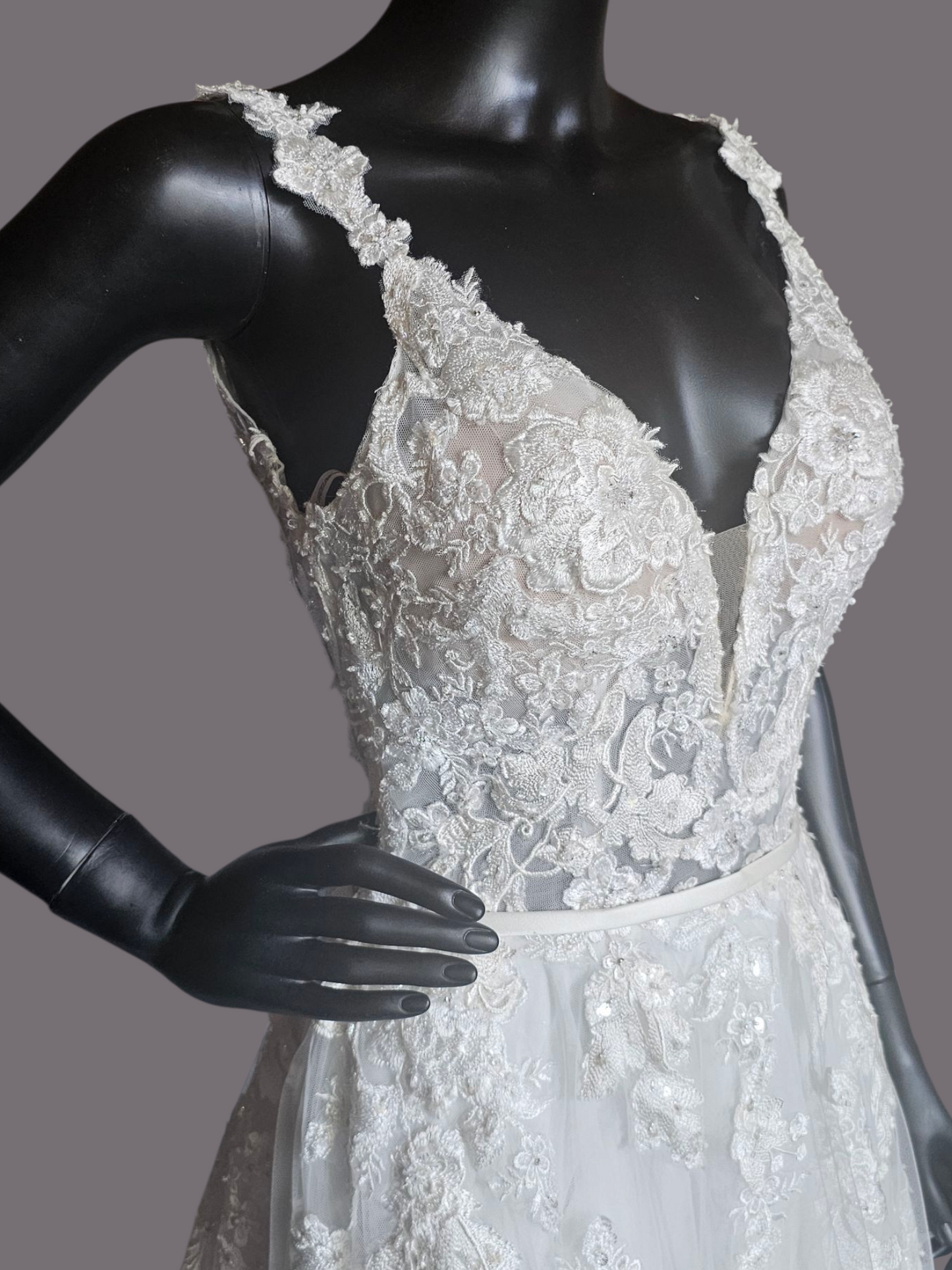 Ivory A-Line Wide Strap V-neck Plunge Wedding Gown - Mori Lee