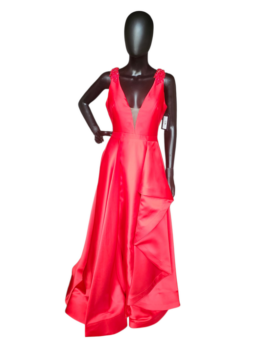 Red Mikado A-Line Plunge V-Neck Formal Dress - Sherri Hill