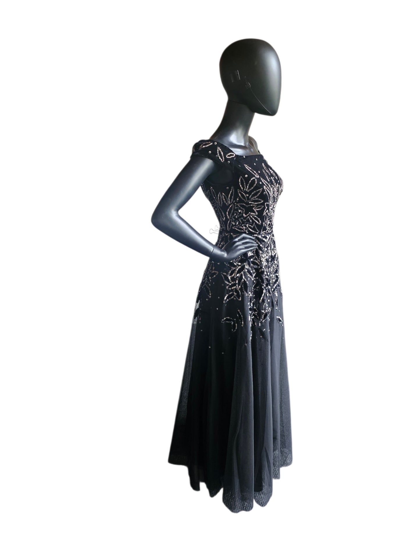 Black Velvet Off Shoulder Leaf Patter Sequin Fit/Flare Full Length Formal Gown - Adrianna Papell