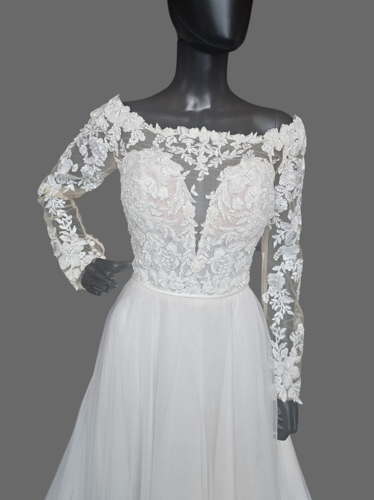 Ivory/Honey Illusion Lace Long Sleeve A-Line Wedding Gown