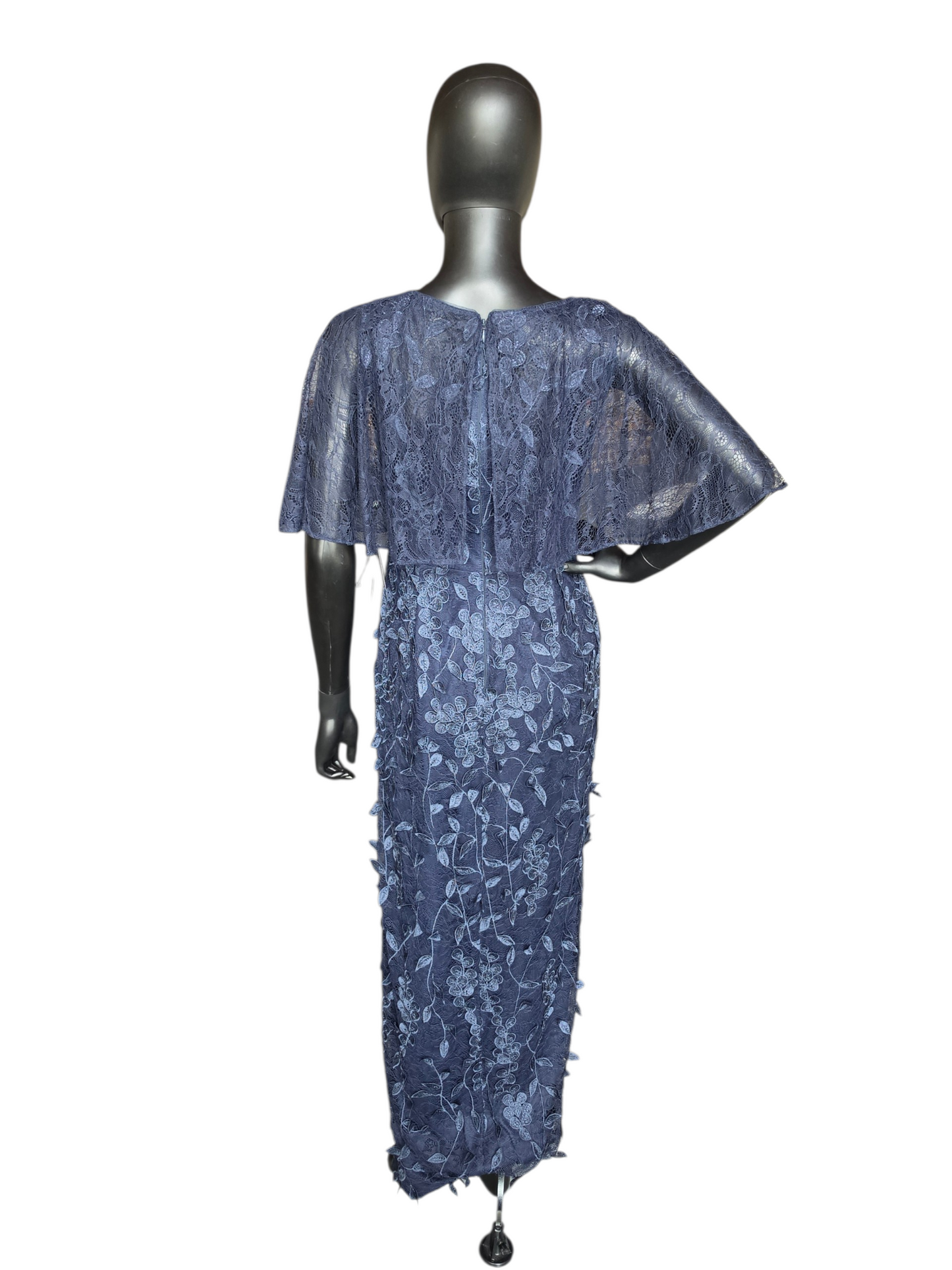 Navy 3D Floral Flutter Illusion Sleeves V-Neck Fit/Flare Slit Formal/Moms Dress  - Adrianna Papell