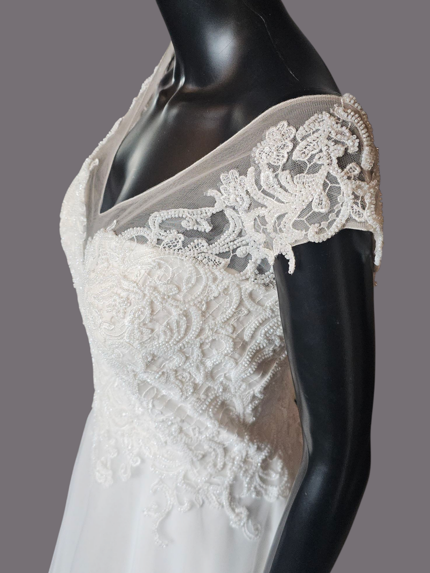 Ivory V-Neck Illusion Cap Sleeve A-Line Wedding Gown - Evelyn Bridal