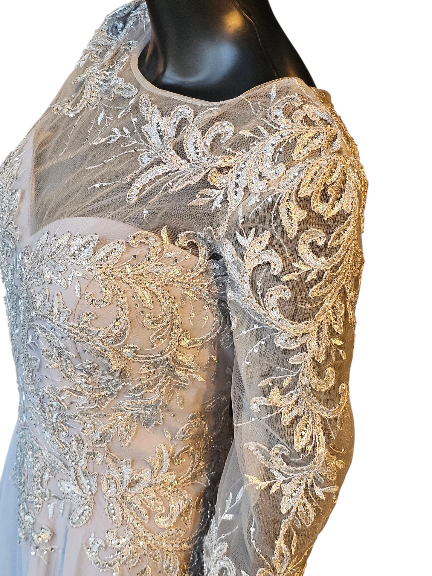 Silver Long Sleeve Illusion Bodice Maxi Formal Evening Gown - Madaline Gardner NY