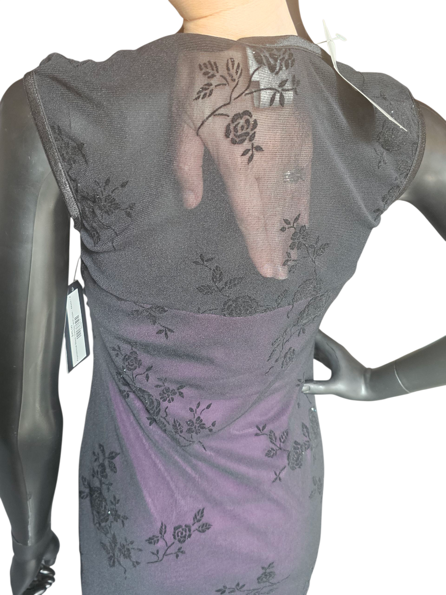Mid Length Dress Asymetrical Black Overlay W/Purple Rose Burnout NWT - Moda