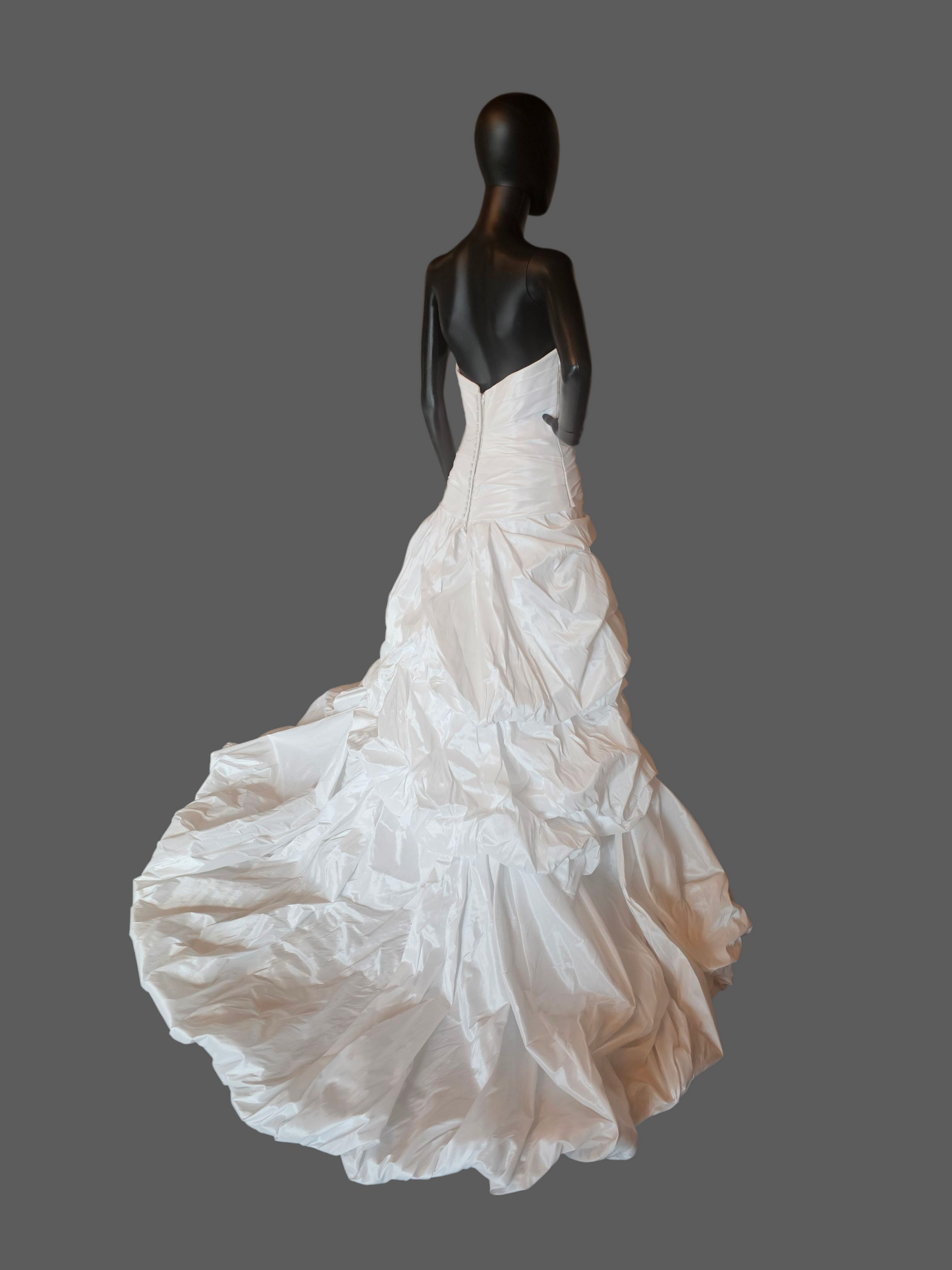 White Shimmering Taffeta Dropped Waist Ruched Undertuck Cupcake Wedding Gown - Casablanca