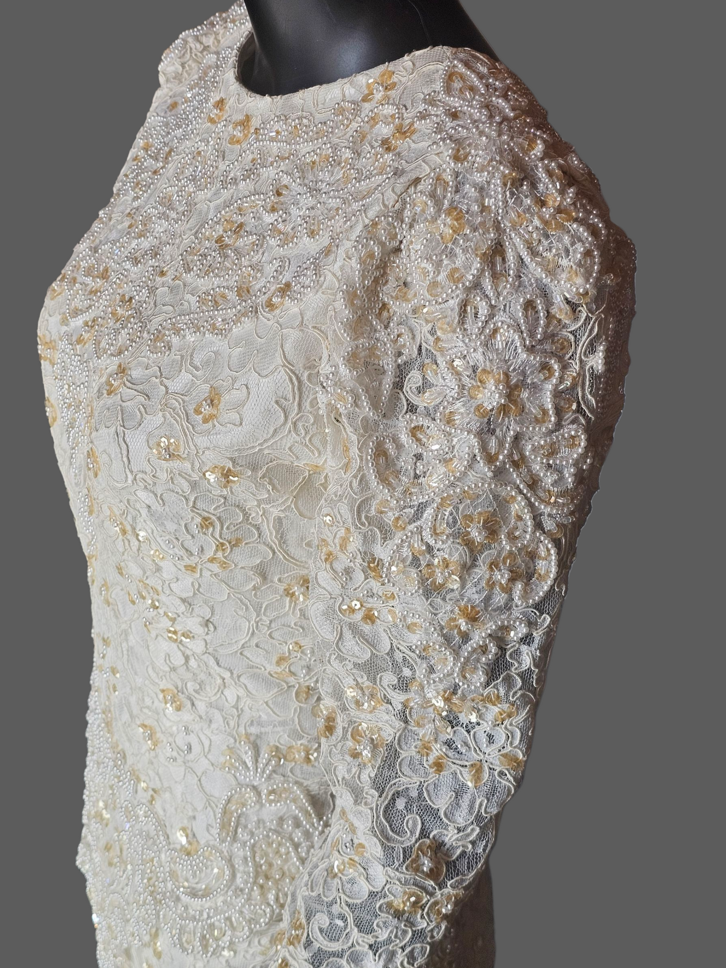 Vintage Ivory Beaded Lace Long Sleeve Fitted Sheath Wedding Gown