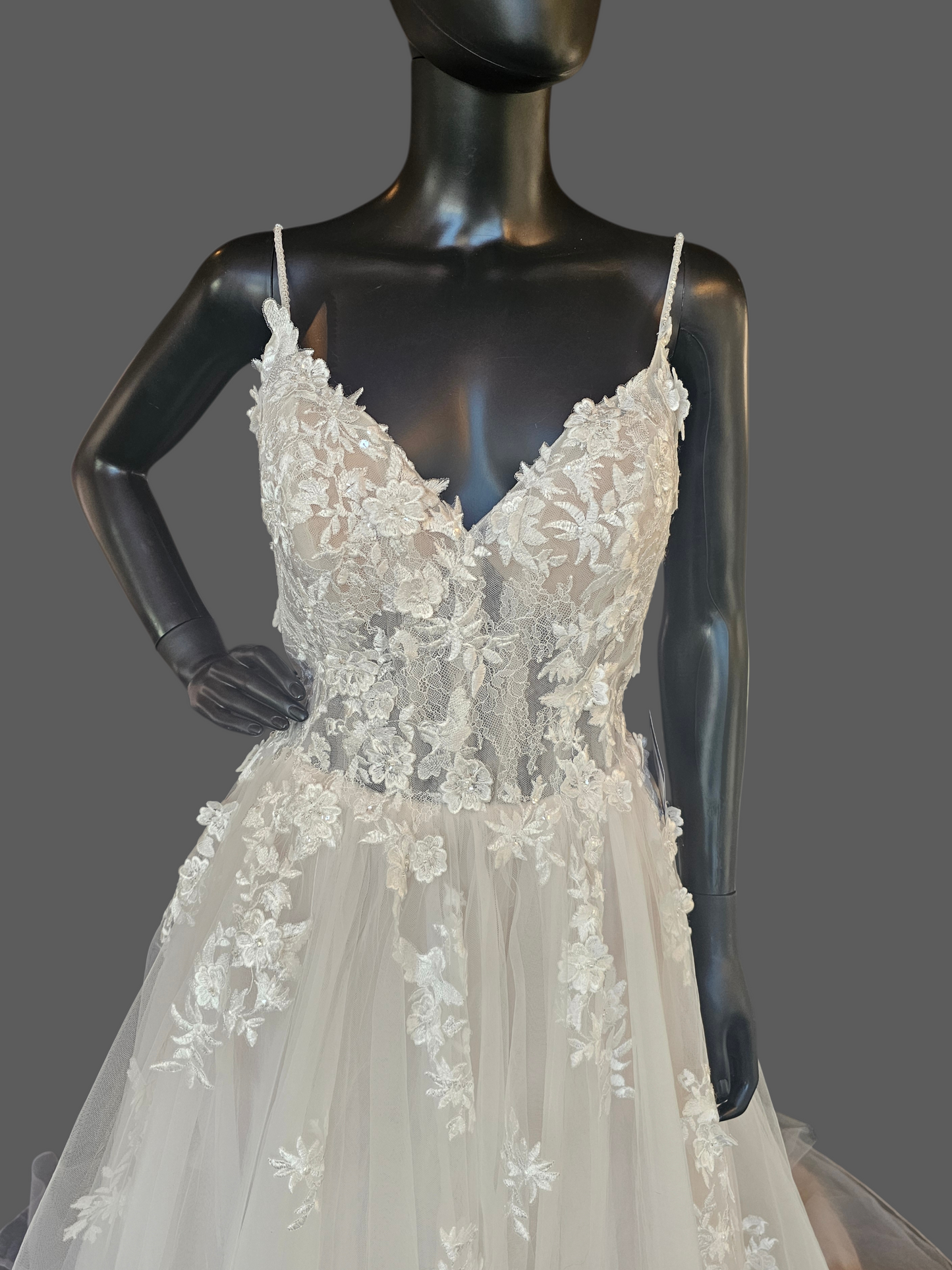 Ivory/Champagne 3D Floral Full Skirt Boho Lace Illusion Bodice Wedding Gown - Beloved