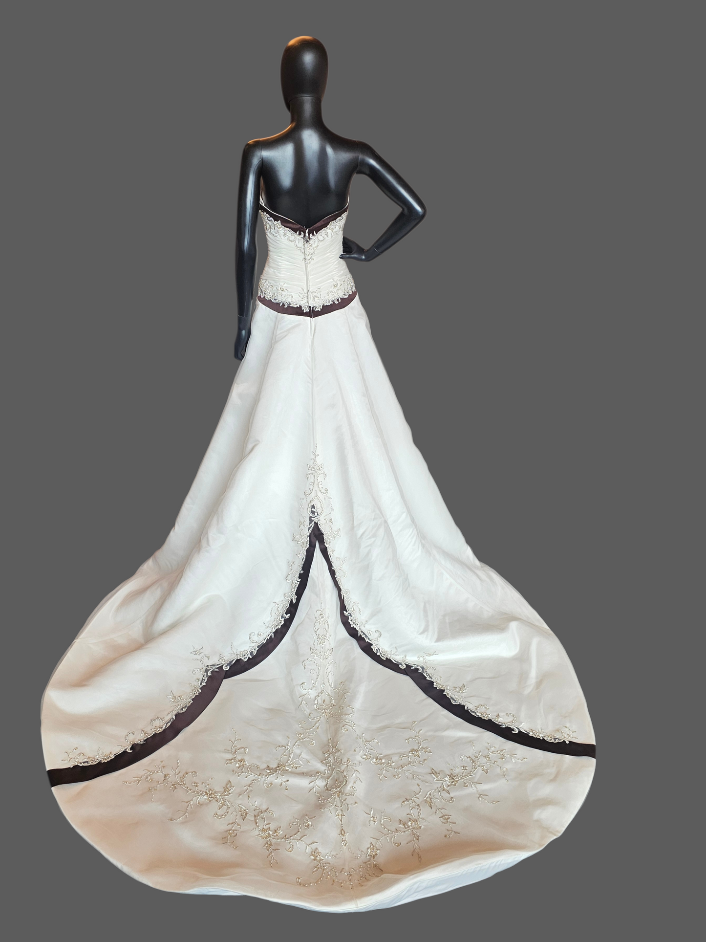 Ivory/Chocolate Satin Sweetheart A-line Wedding Gown - Bonny