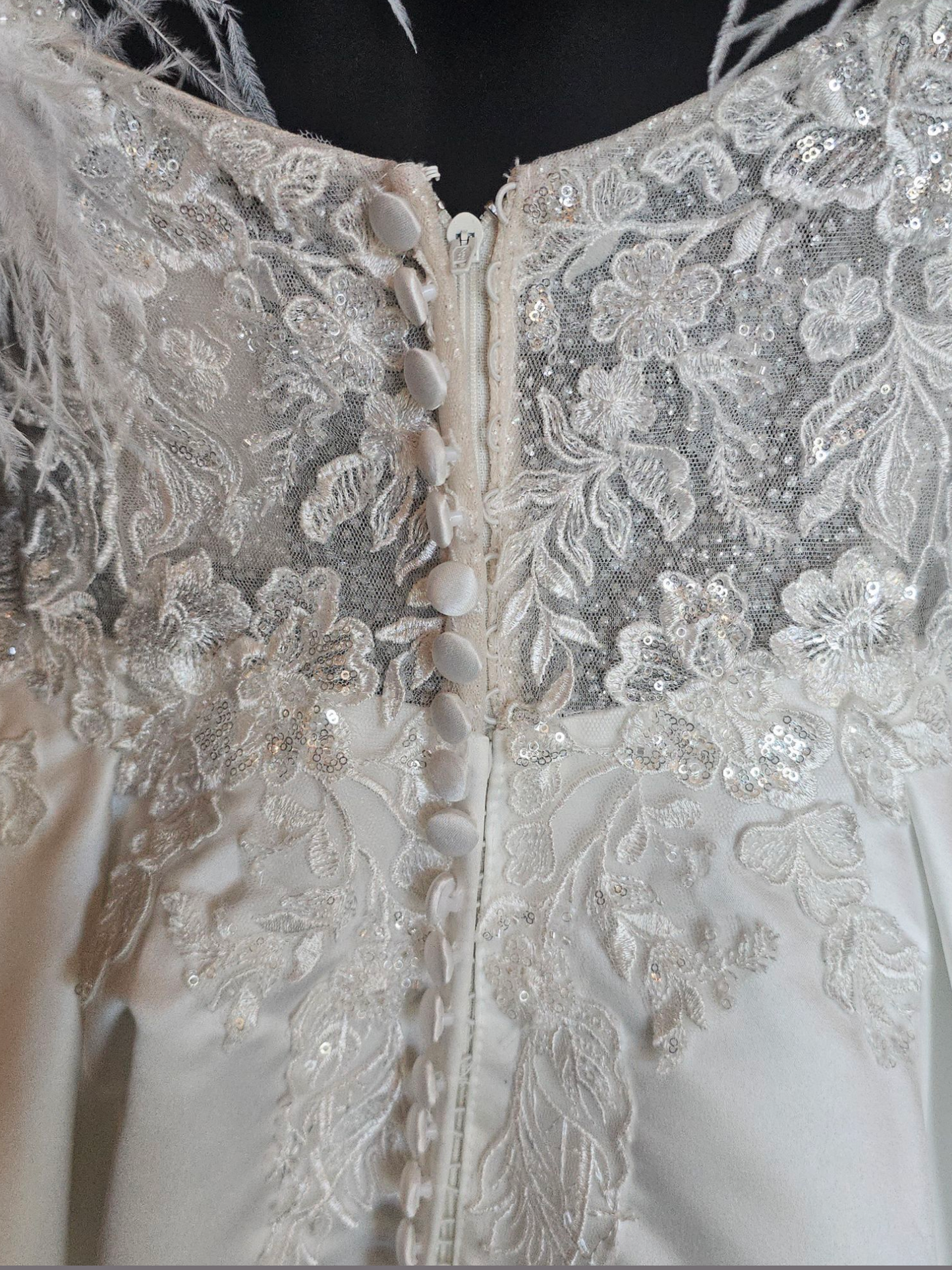 Ivory Satin Plunge Illusion Bodice Removable Feather Straps Wedding Gown - Amy & Eve