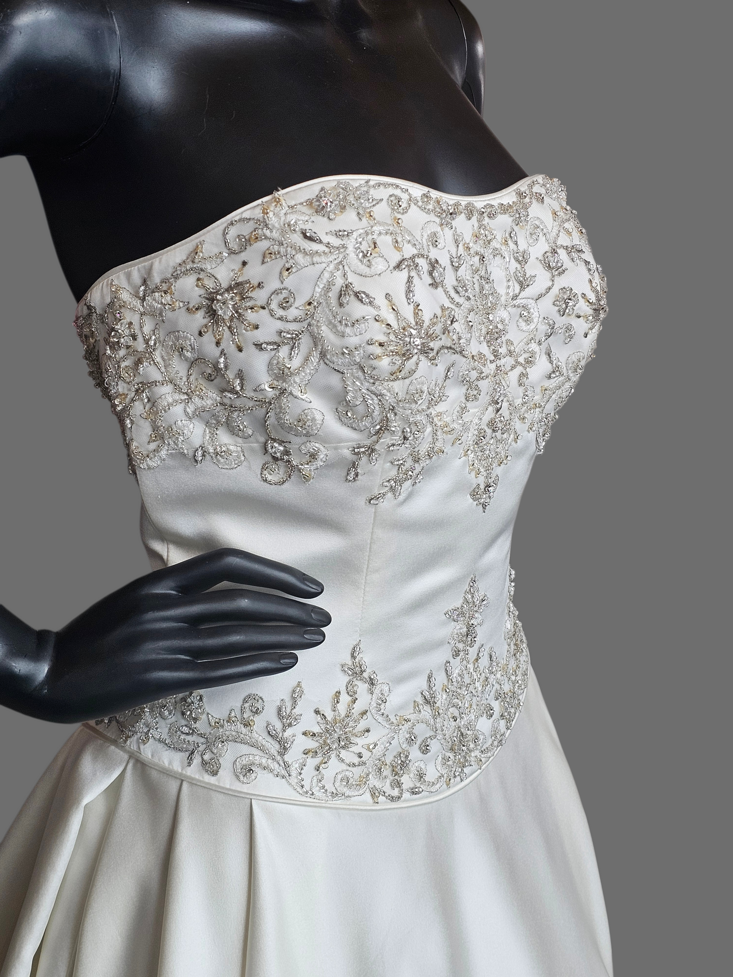 Ivory Satin Strapless Basque Waist Embroidered Wedding Gown  - Signature