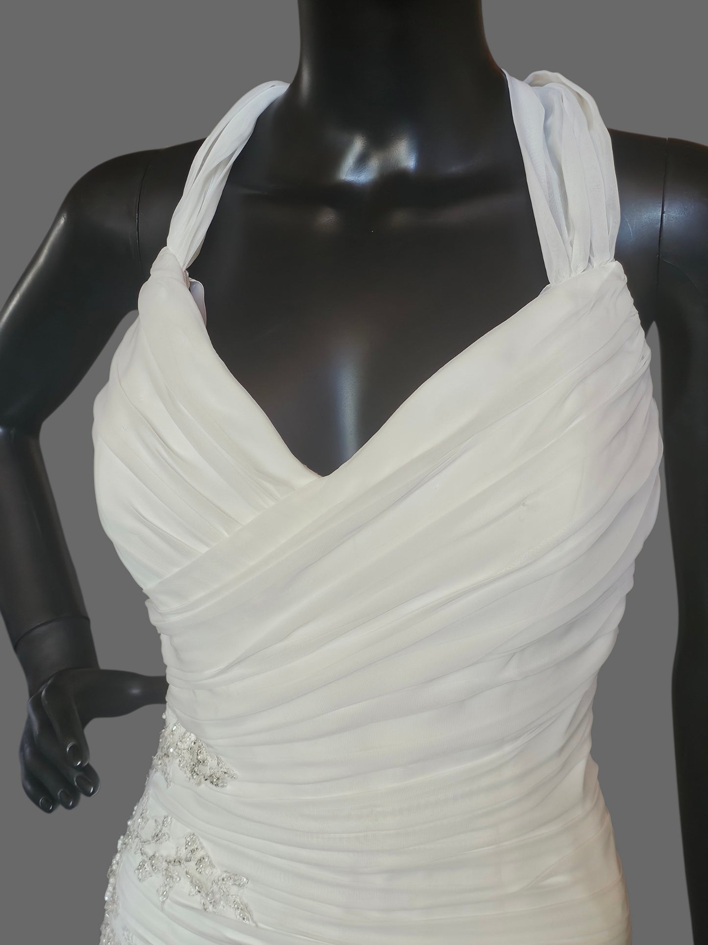 Chiffon Halter Asymmetrical Fit/Flare Beaded Applique - Private Label
