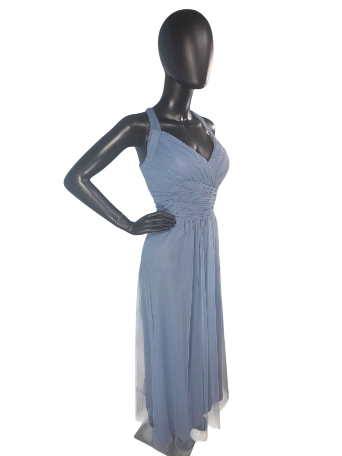 Slate Net/Tulle Tea Length Halter Formal Dress - Bill Levkoff