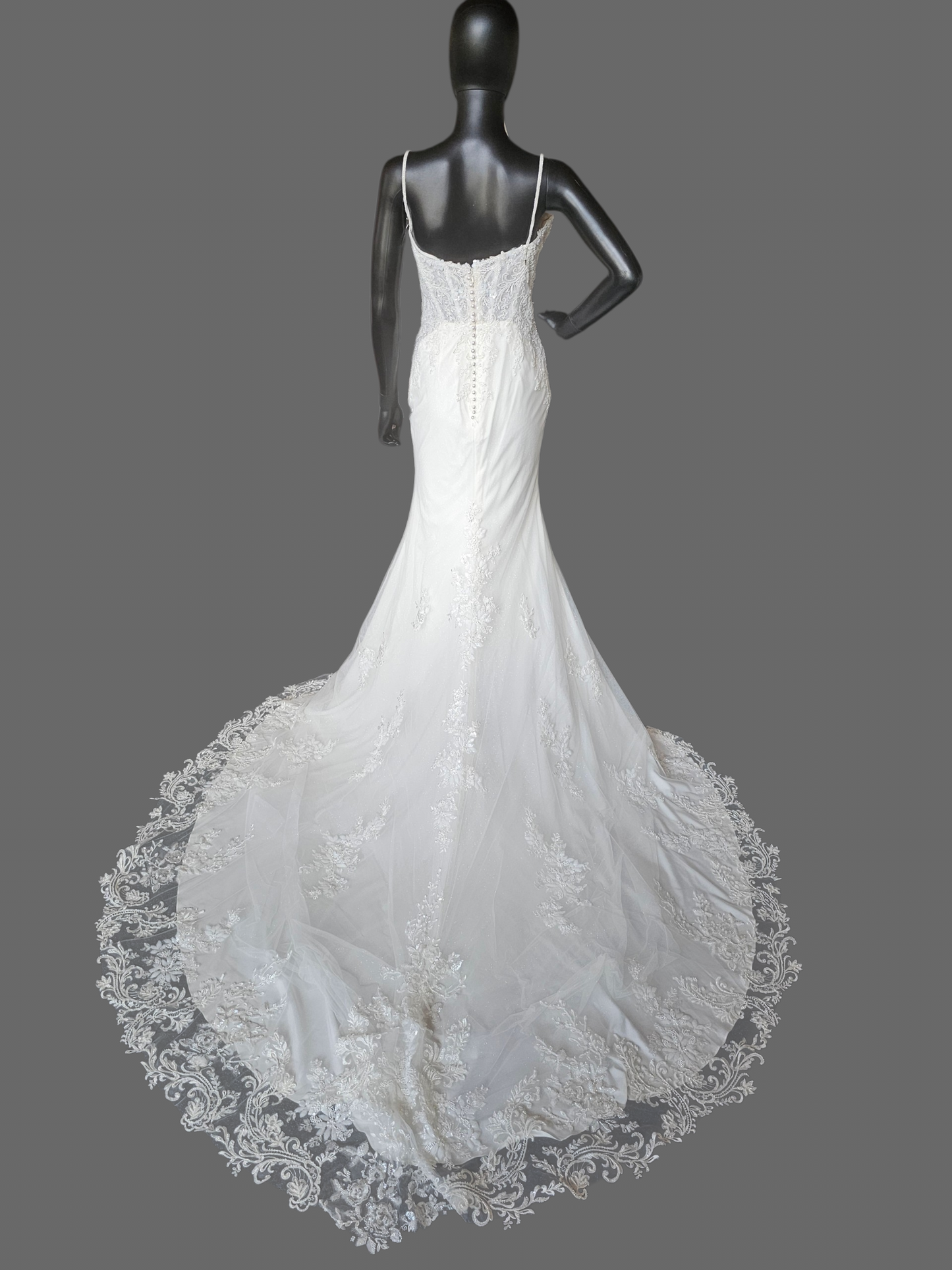 Ivory Overlay Floral Beaded Glitter Fit/Flare Wedding Gown - Davinci