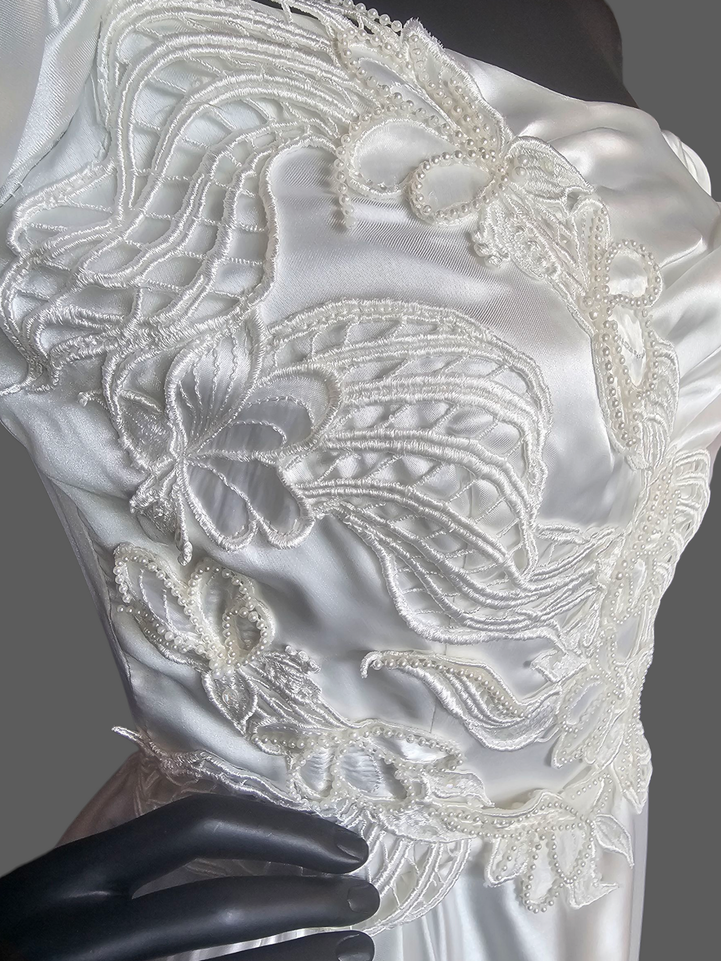 Vintage White Charmeuse Off Shoulder Wedding Gown