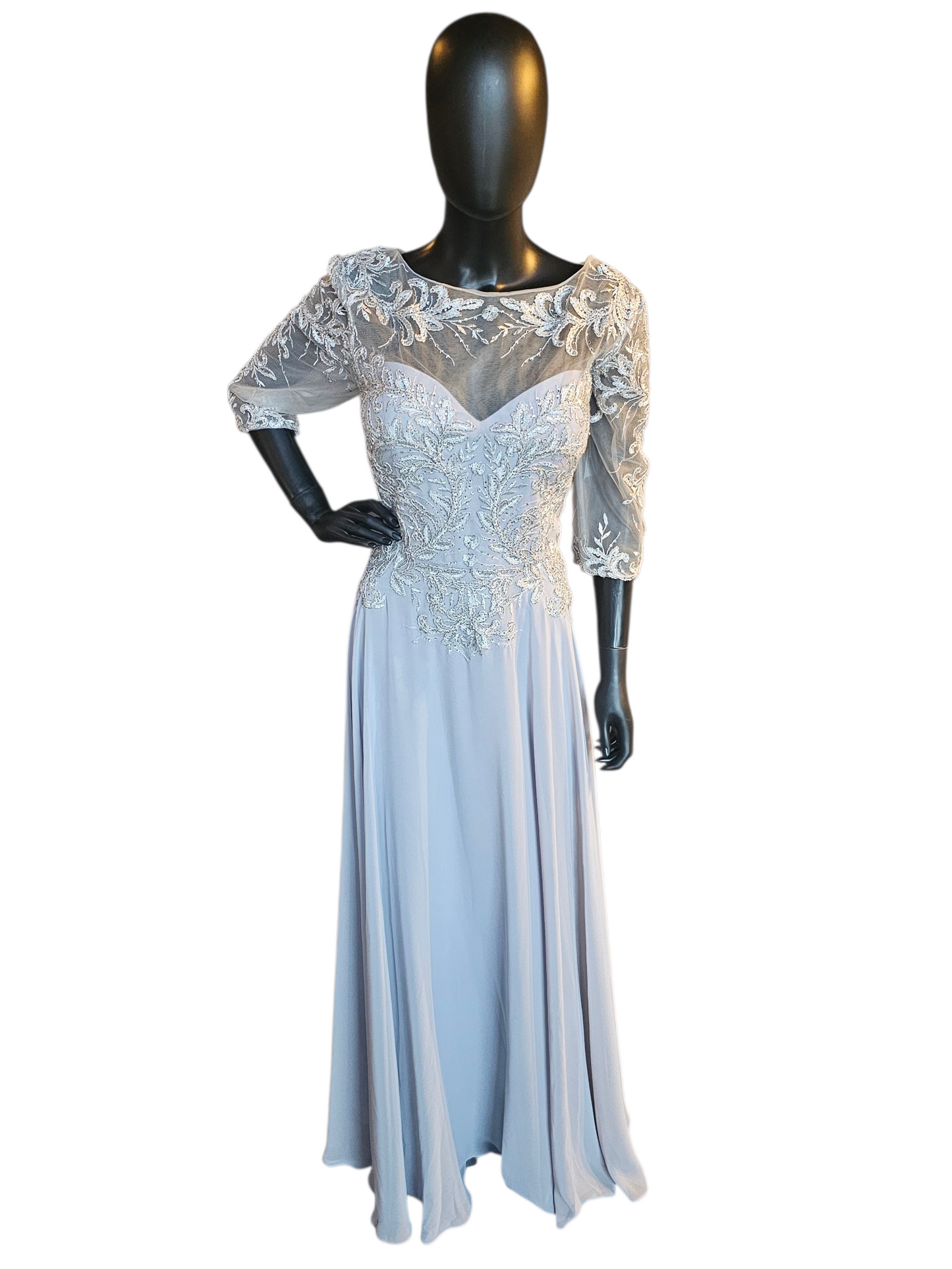 Silver Long Sleeve Illusion Bodice Maxi Formal Evening Gown - Madaline Gardner NY