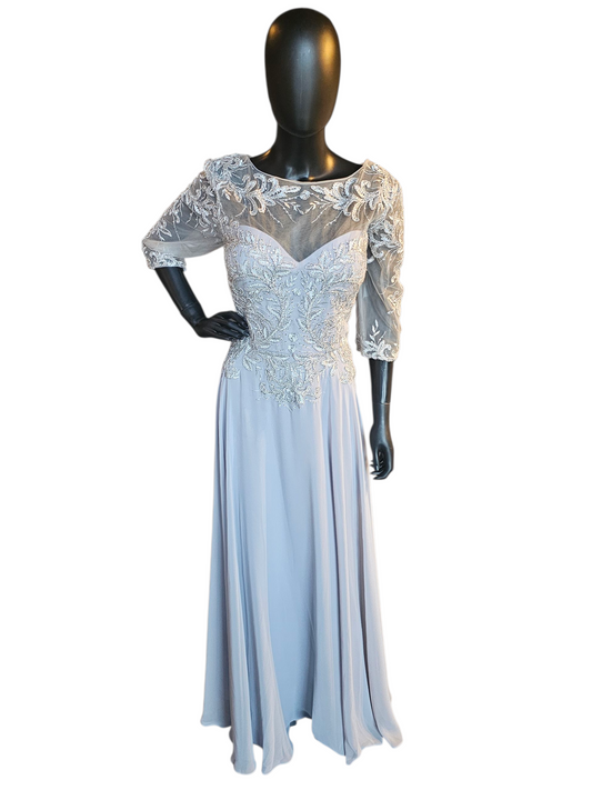 Silver Long Sleeve Illusion Bodice Maxi Formal Evening Gown - Madaline Gardner NY
