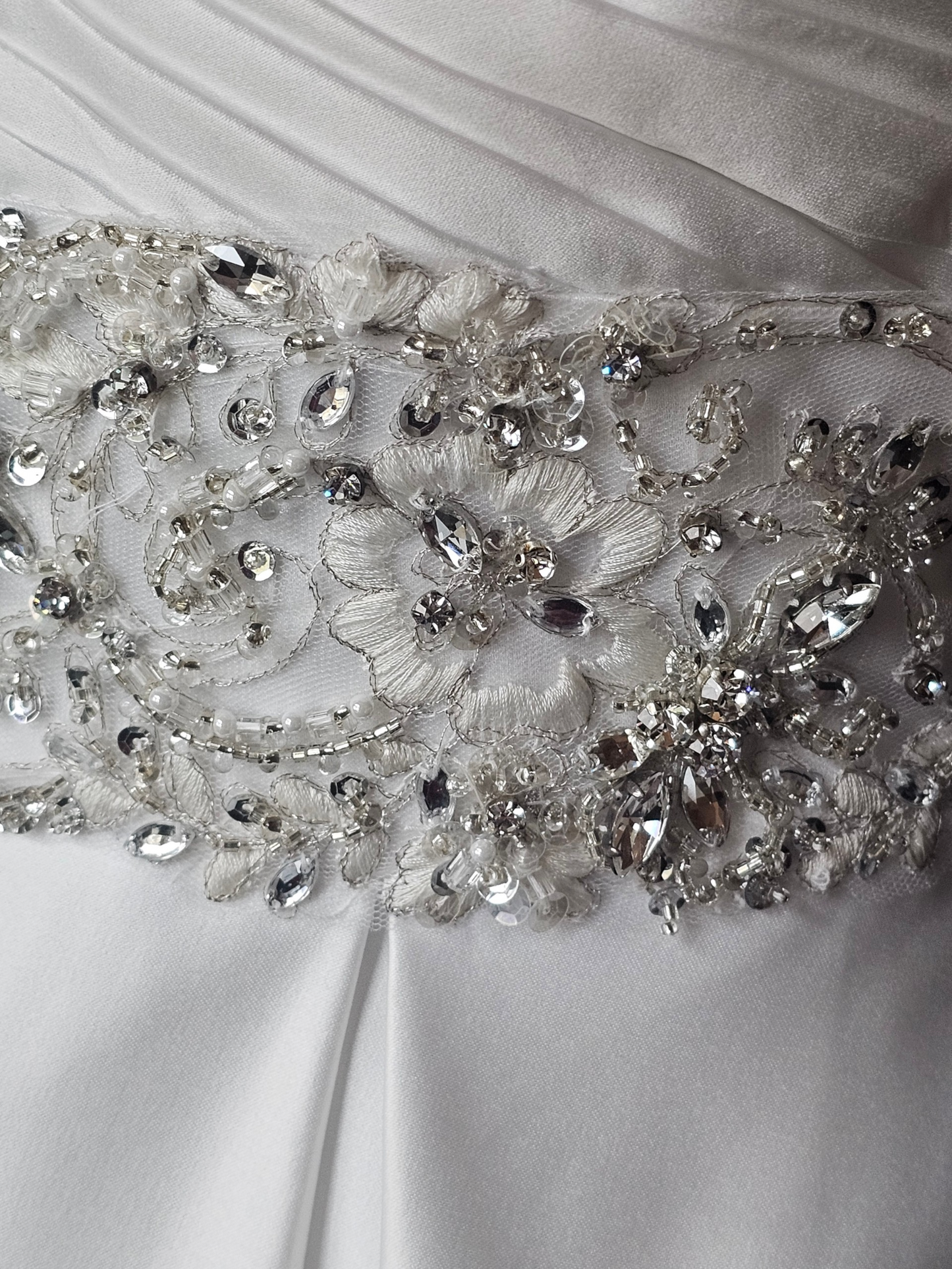 White Satin Box Pleat Crystal Waist Wedding Gown - Mori Lee