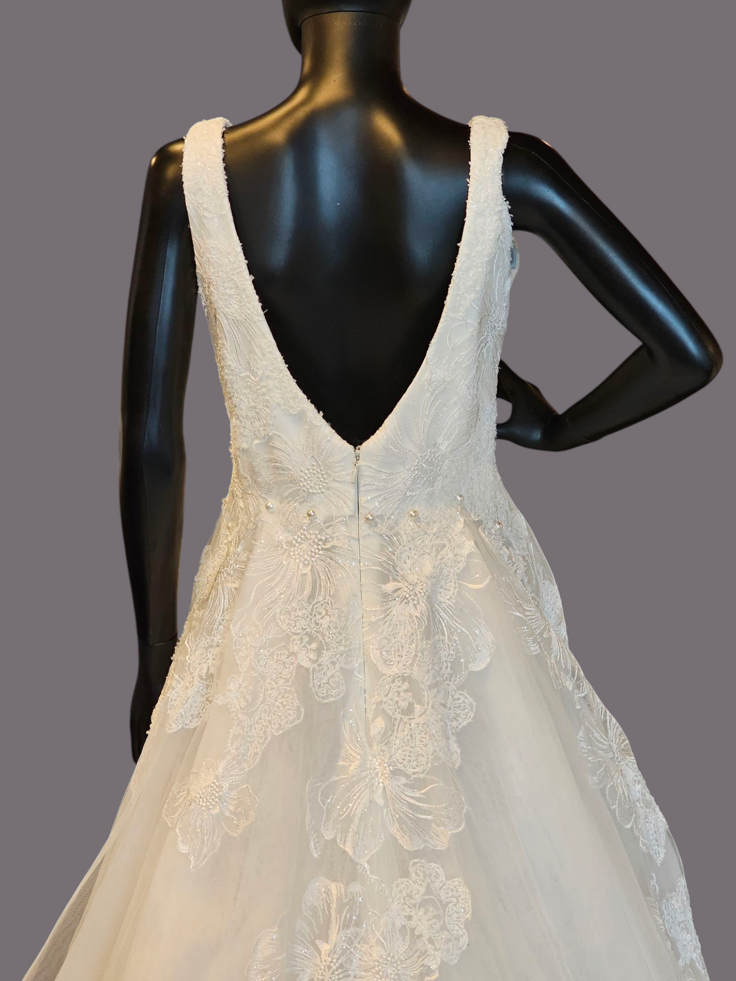 Ivory V-Neck Full Skirt Large Scale Floral Embellished Wedding Gown - Adrianna Papell