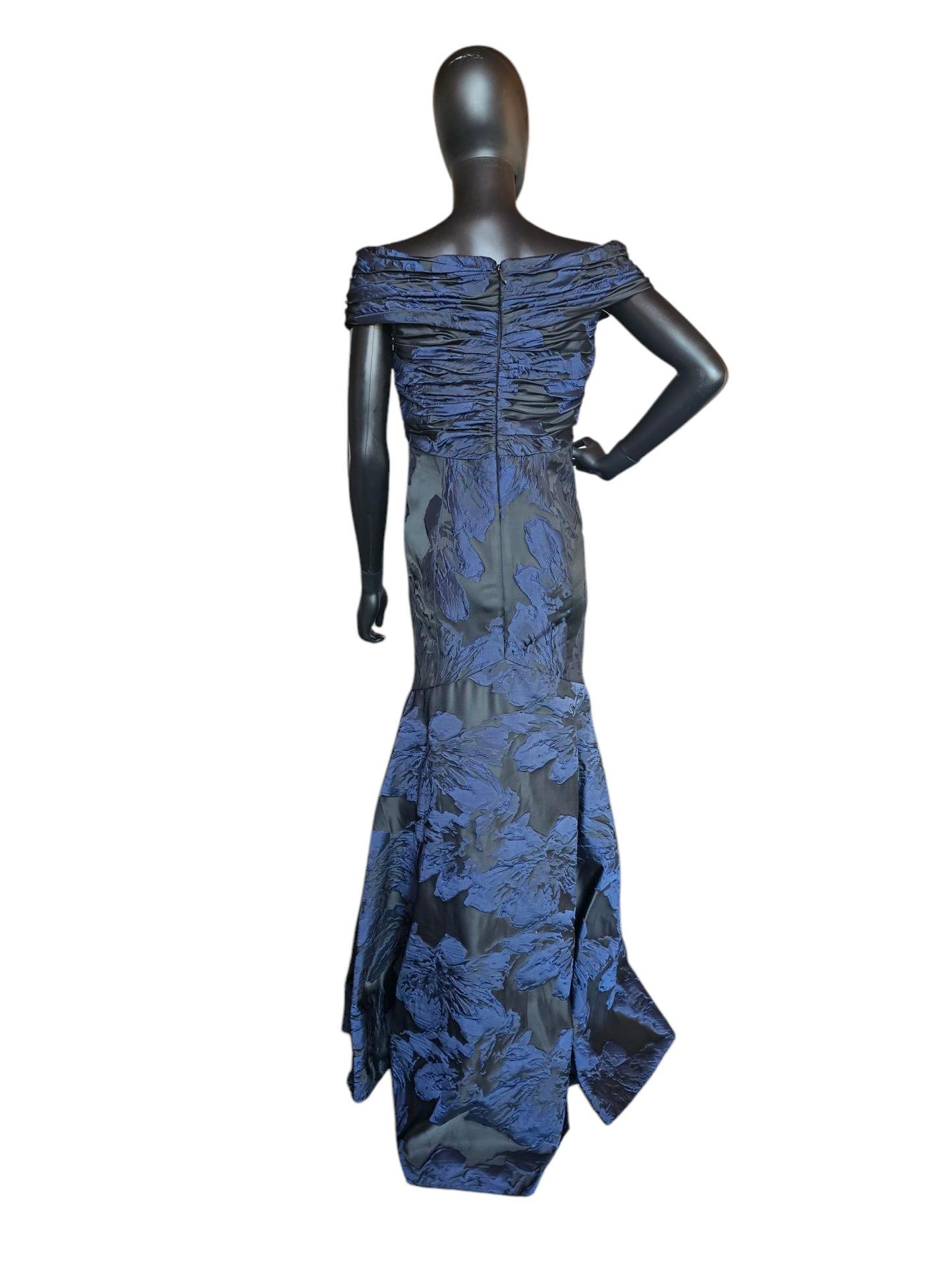 Black/Navy Jacquard Off Shoulder Fit/Flare Formal Gown - Madeline Gardner