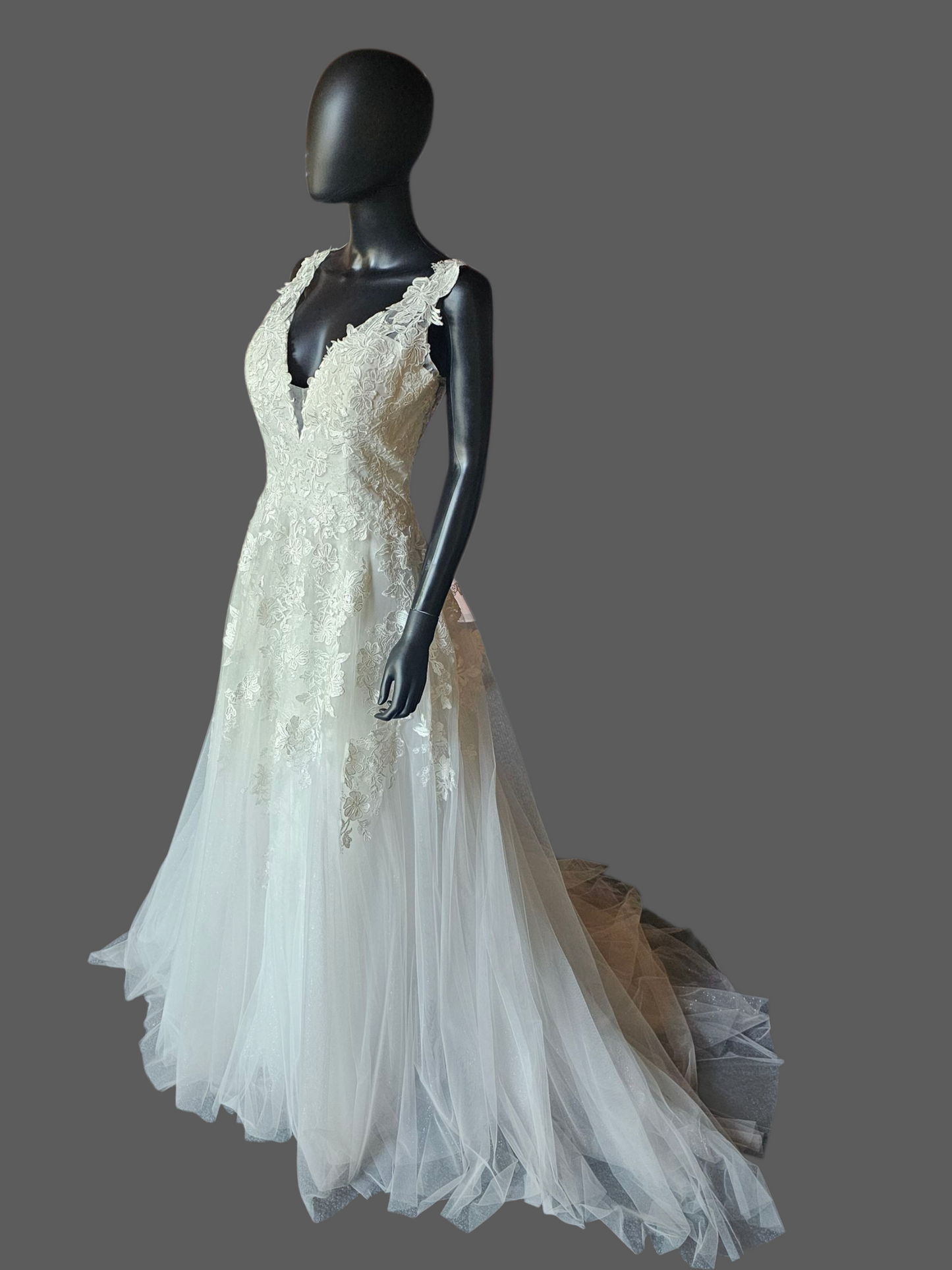 V-Neck Lace Applique Illusion Bodice A Line Wedding Gown - Petite