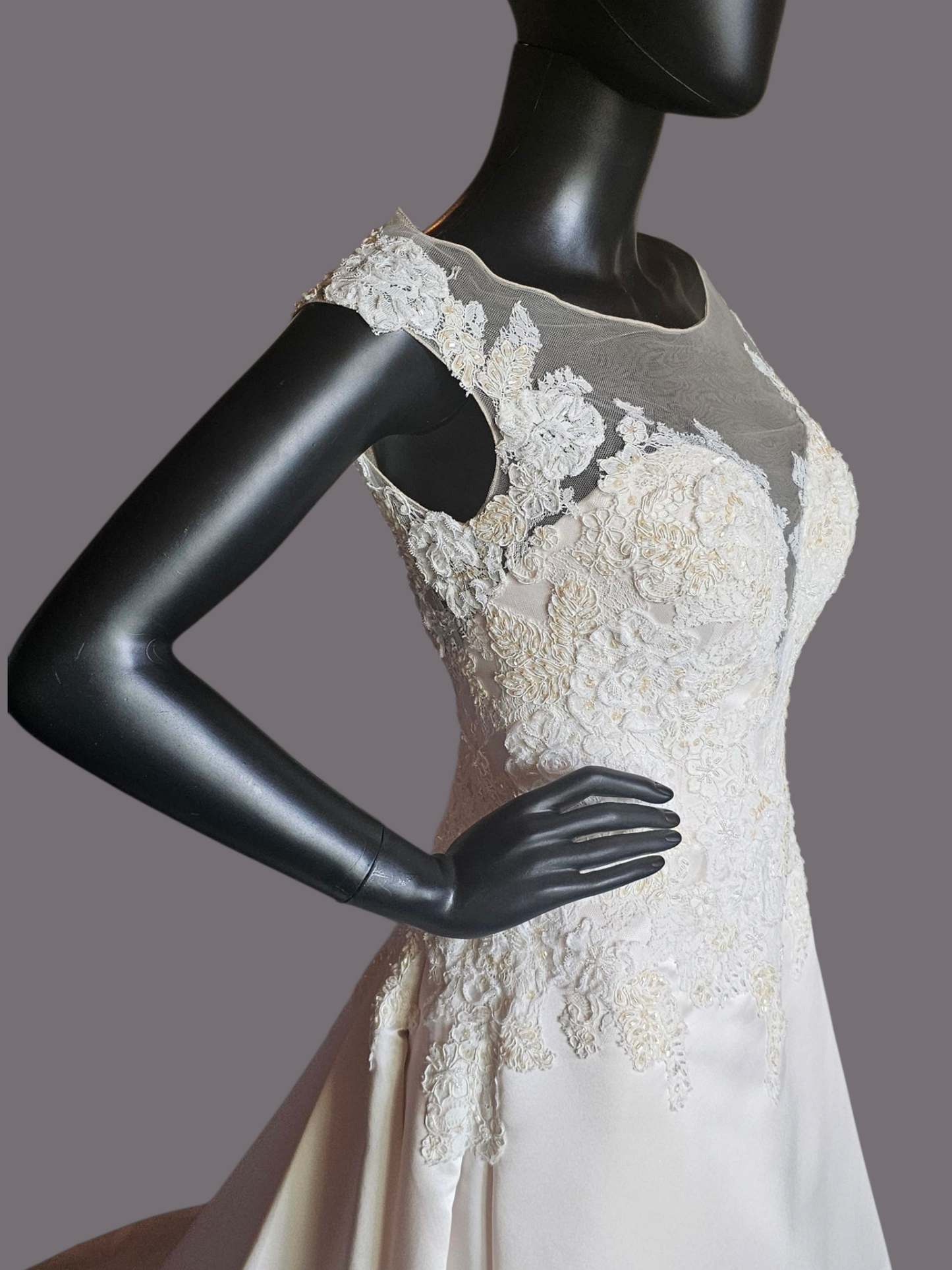 Champagne Satin Lace Illusion Plunge Bodice Open Back - Beloved