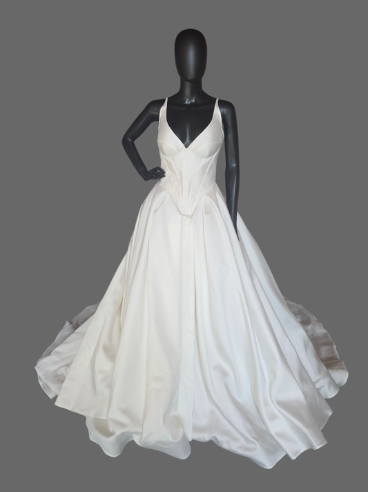 V-Neck Basque Waist Corset Bodice Ivory Mikado Wedding Gown NEW - Wona Concepts
