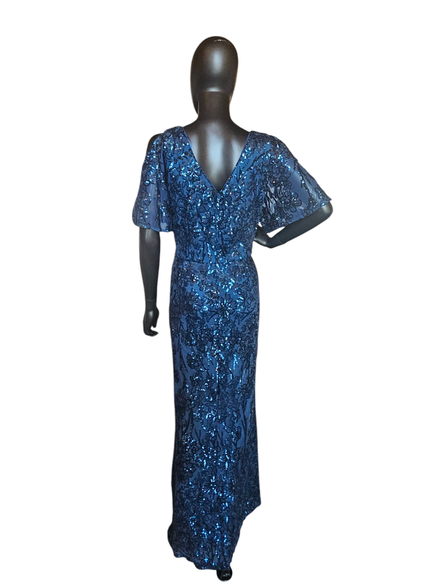 Royal Blue Beaded Cold Shoulder Flutter Sleeve Formal Gown - Alex Evenings