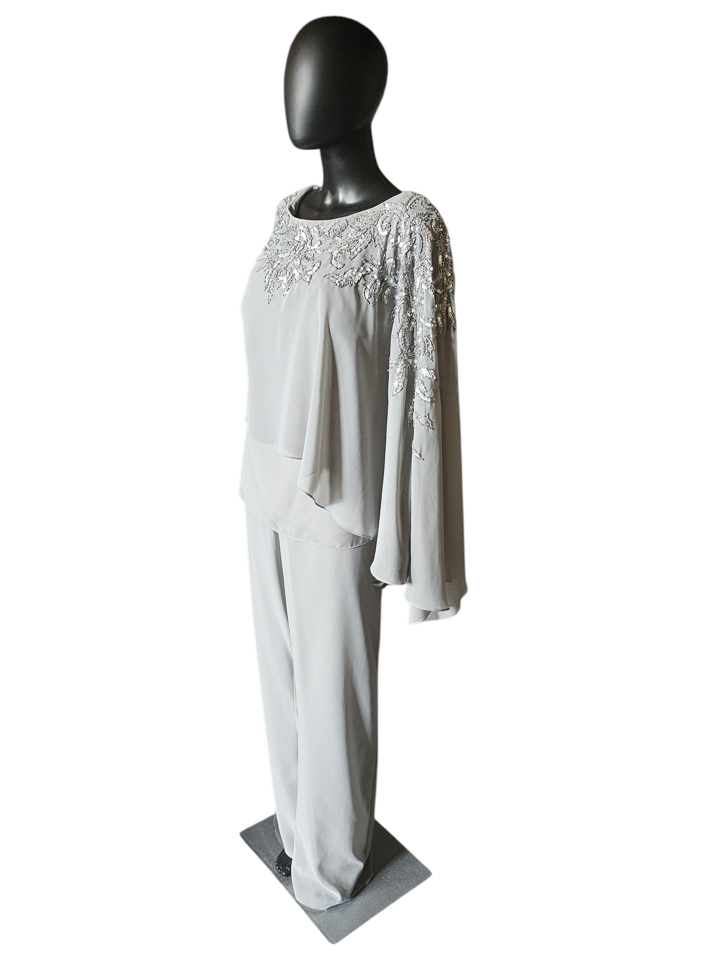 Silver Chiffon 2-Piece Formal Pantsuit - Madeline Gardner NY