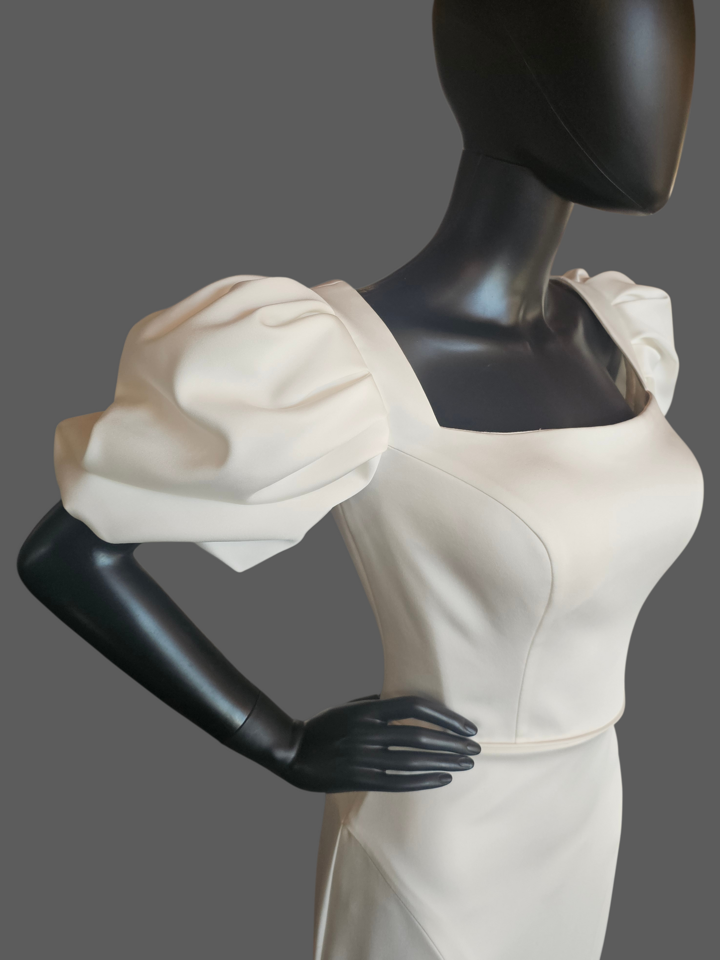 Ivory Silky Satin Fitted Square Neck Puff Sleeve Minimalist Wedding Gown - Casablanca