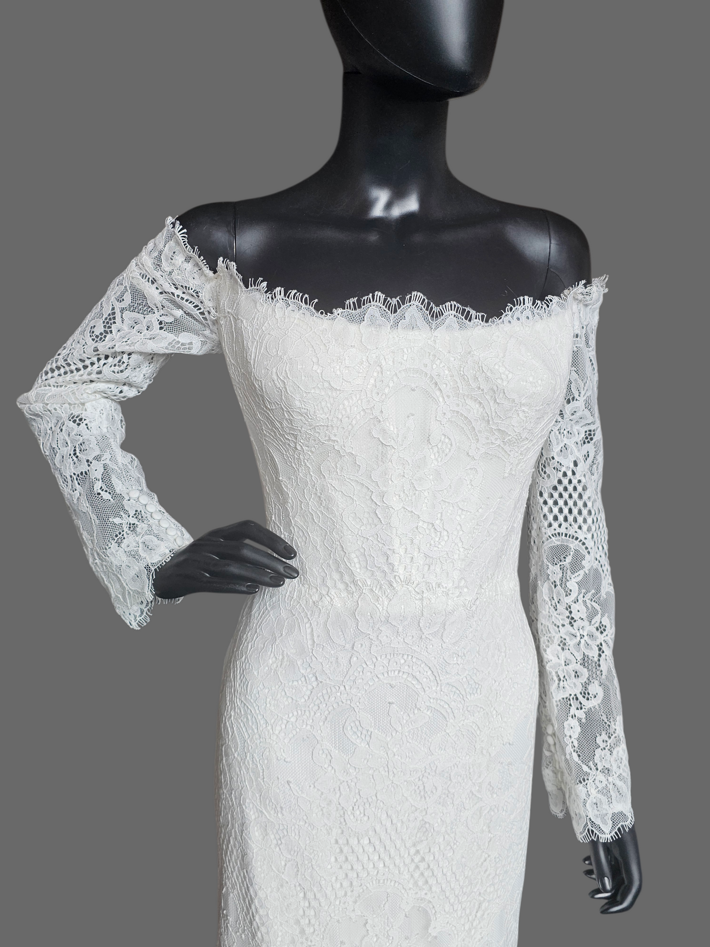 Off Shoulder Soft Ivory Lace Sleeve Fit/Flare Wedding Gown - Wtoo