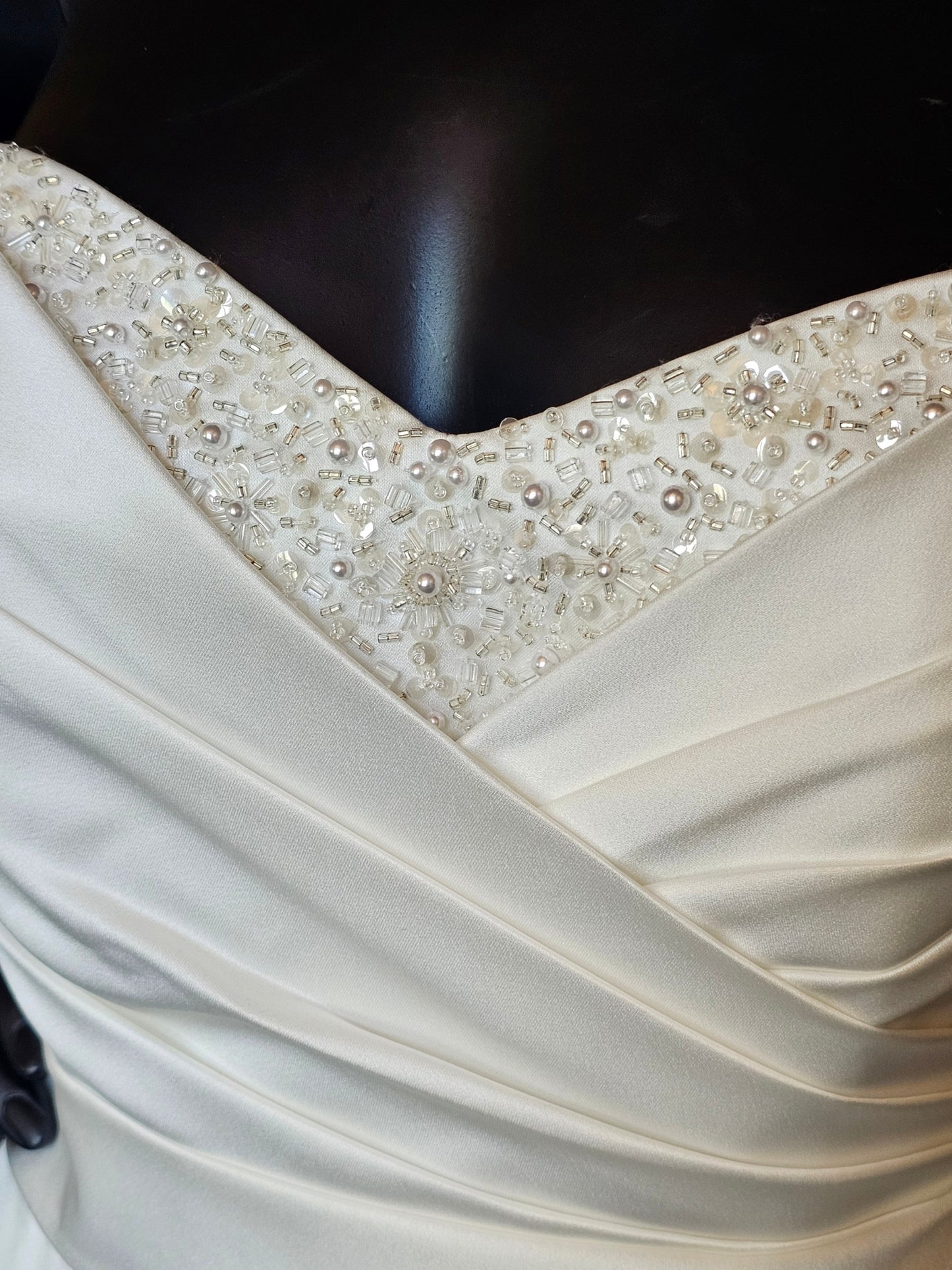 Ivory Satin Beaded V-Neck Side Sweep  - Alfred Angelo