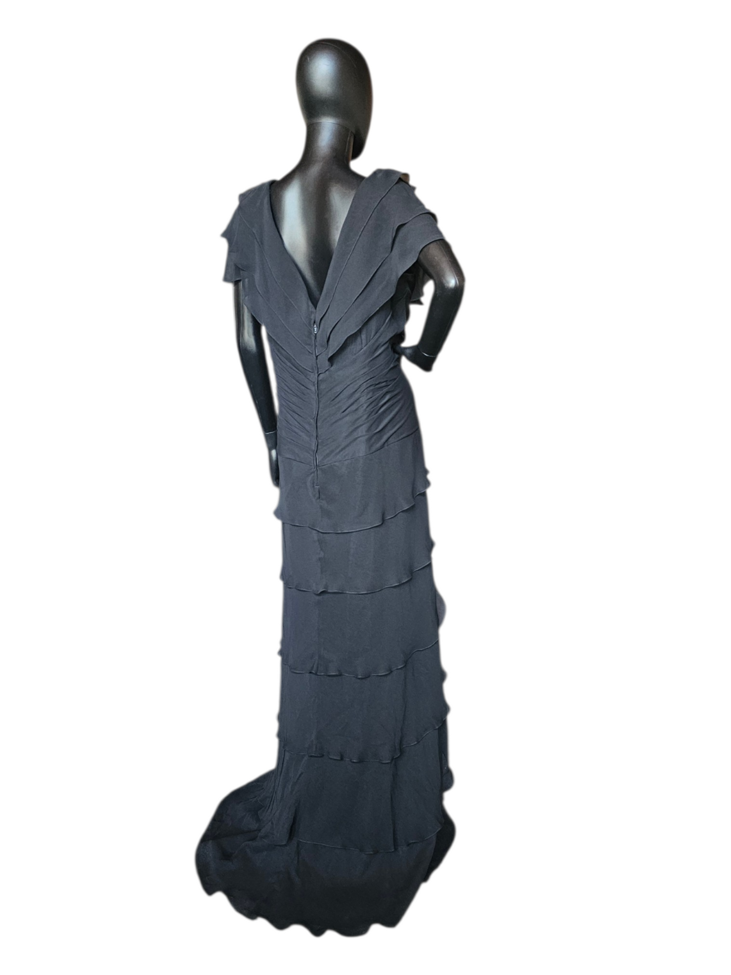 Black Chiffon Fit/Flared Tiered Cap Sleeve Applica Detail Formal/Moms Dress - Jovani