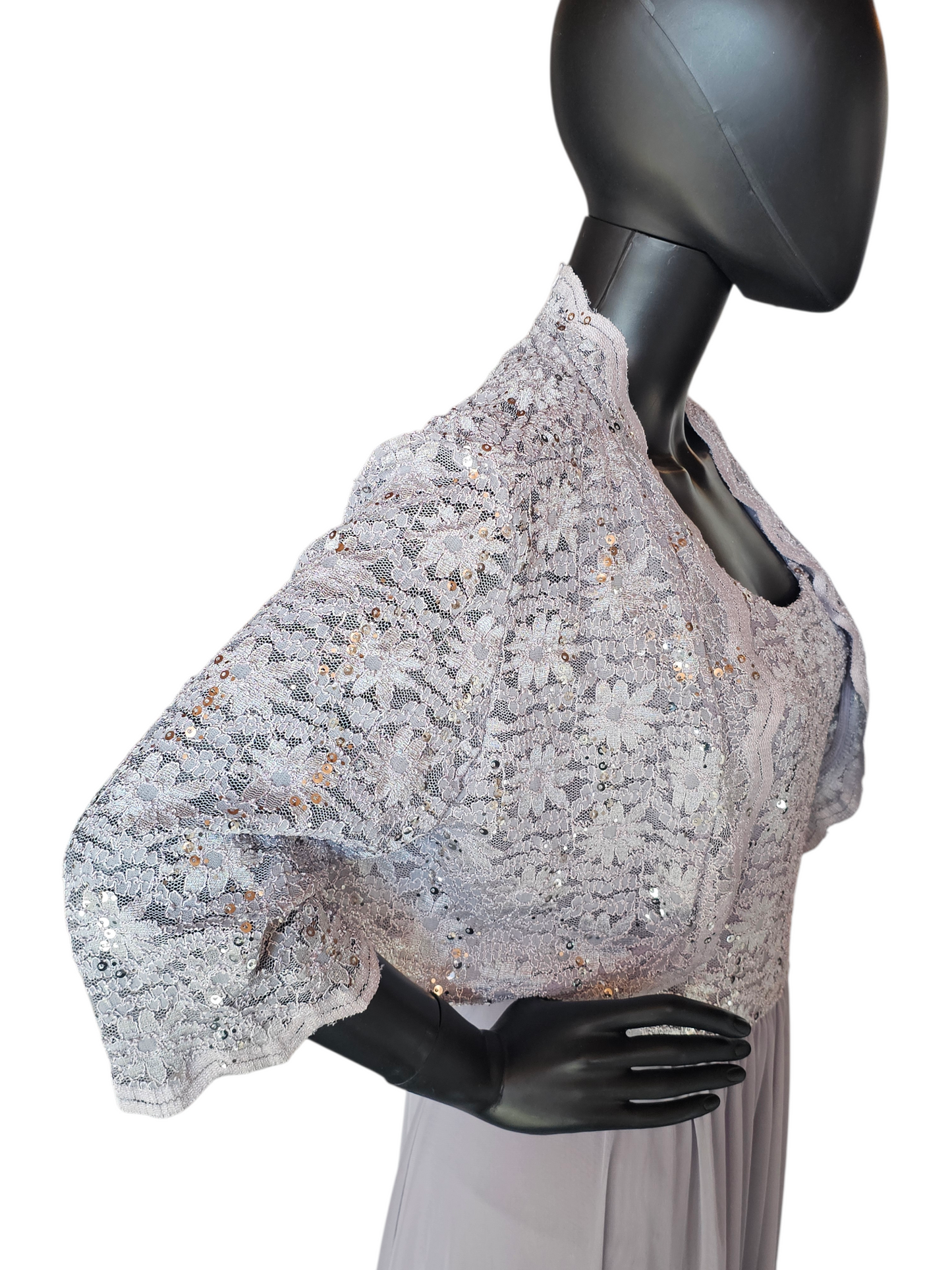 Silver/Grey Lace 3/4 Sleeve Jacket Formal Dress - R + M Richards