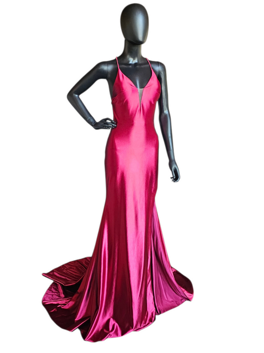Red/Pink Stretch Plunge Halter Formal/Prom Dress - The Secret Room