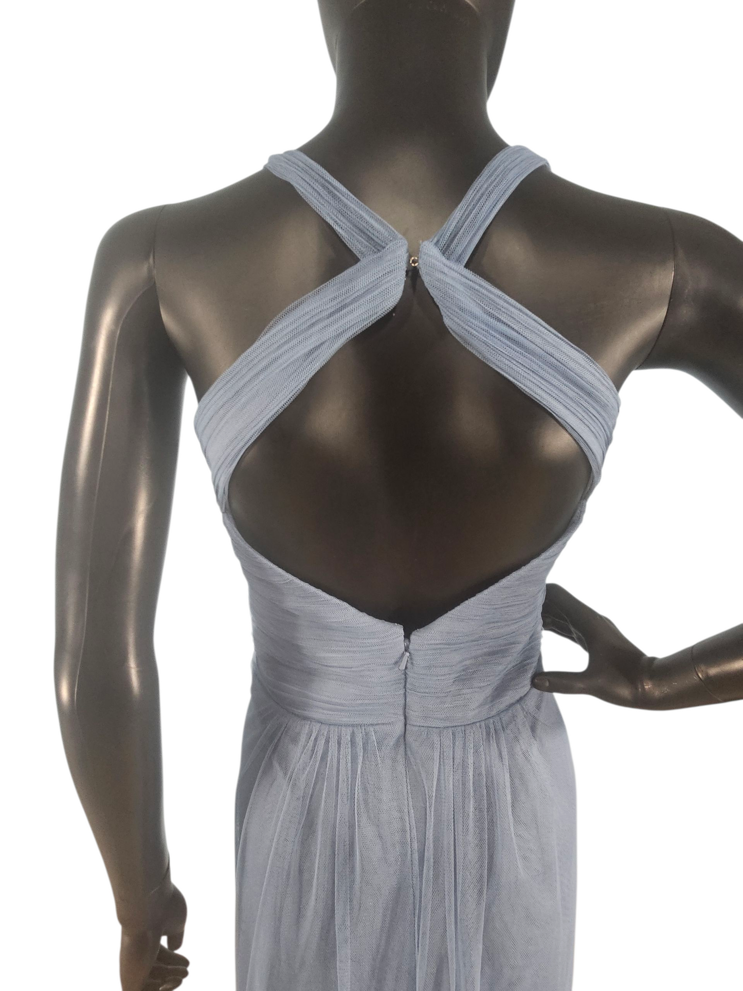 Slate Net/Tulle Tea Length Halter Formal Dress - Bill Levkoff