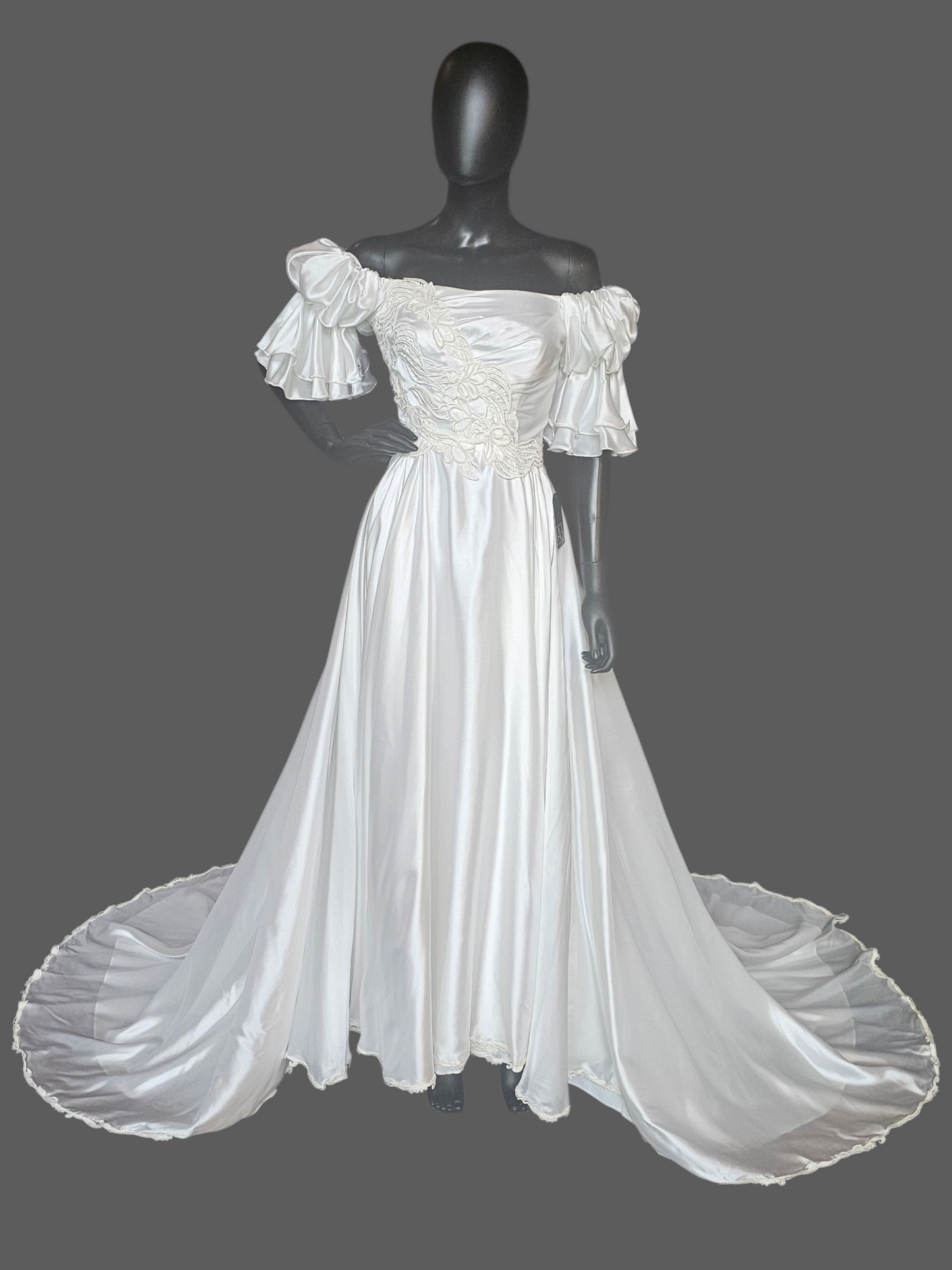 Vintage White Charmeuse Off Shoulder Wedding Gown