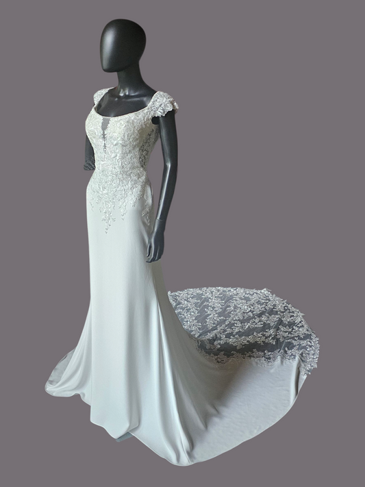 Ivory Crepe Fitted Cap Sleeve Wedding Gown - Mori Lee