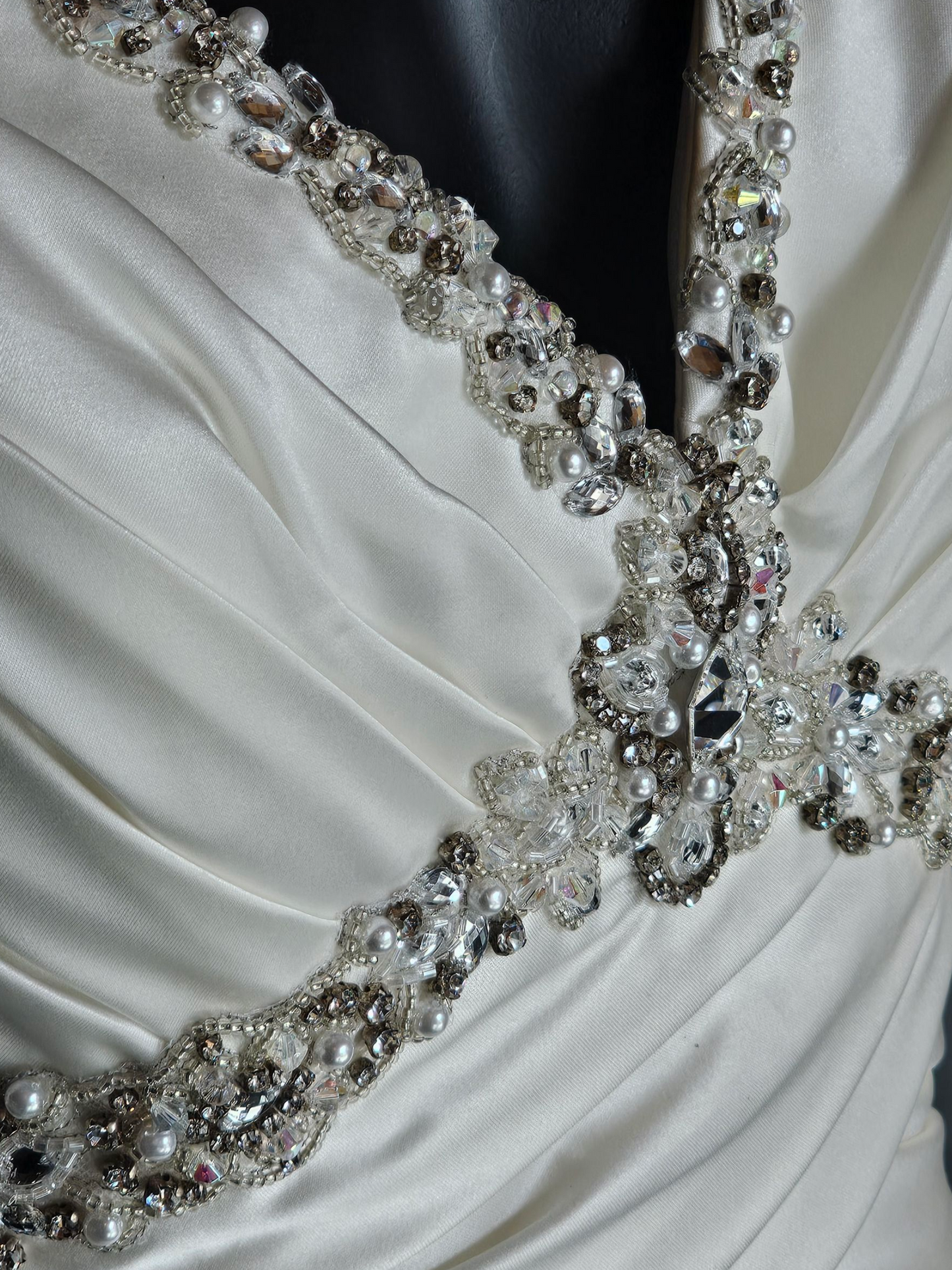 Ivory Satin V-Neck Jewel Detail A-Line Wedding Gown - Mori Lee