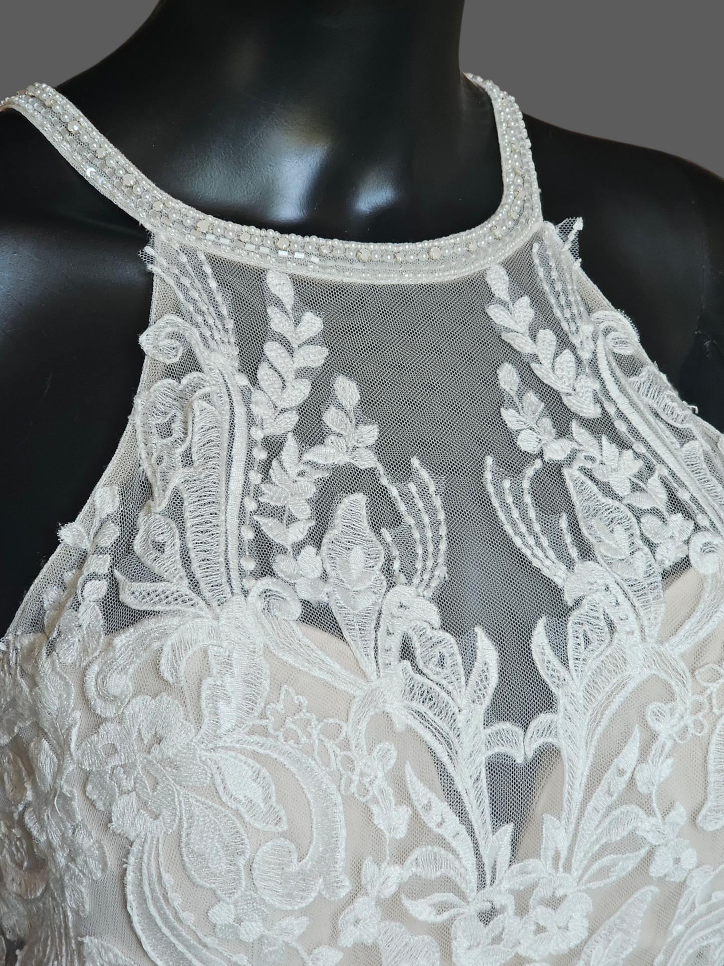 Ivory/Cappuccino Lace Halter Fit/Flare Scallop Train Wedding Gown - Mori Lee