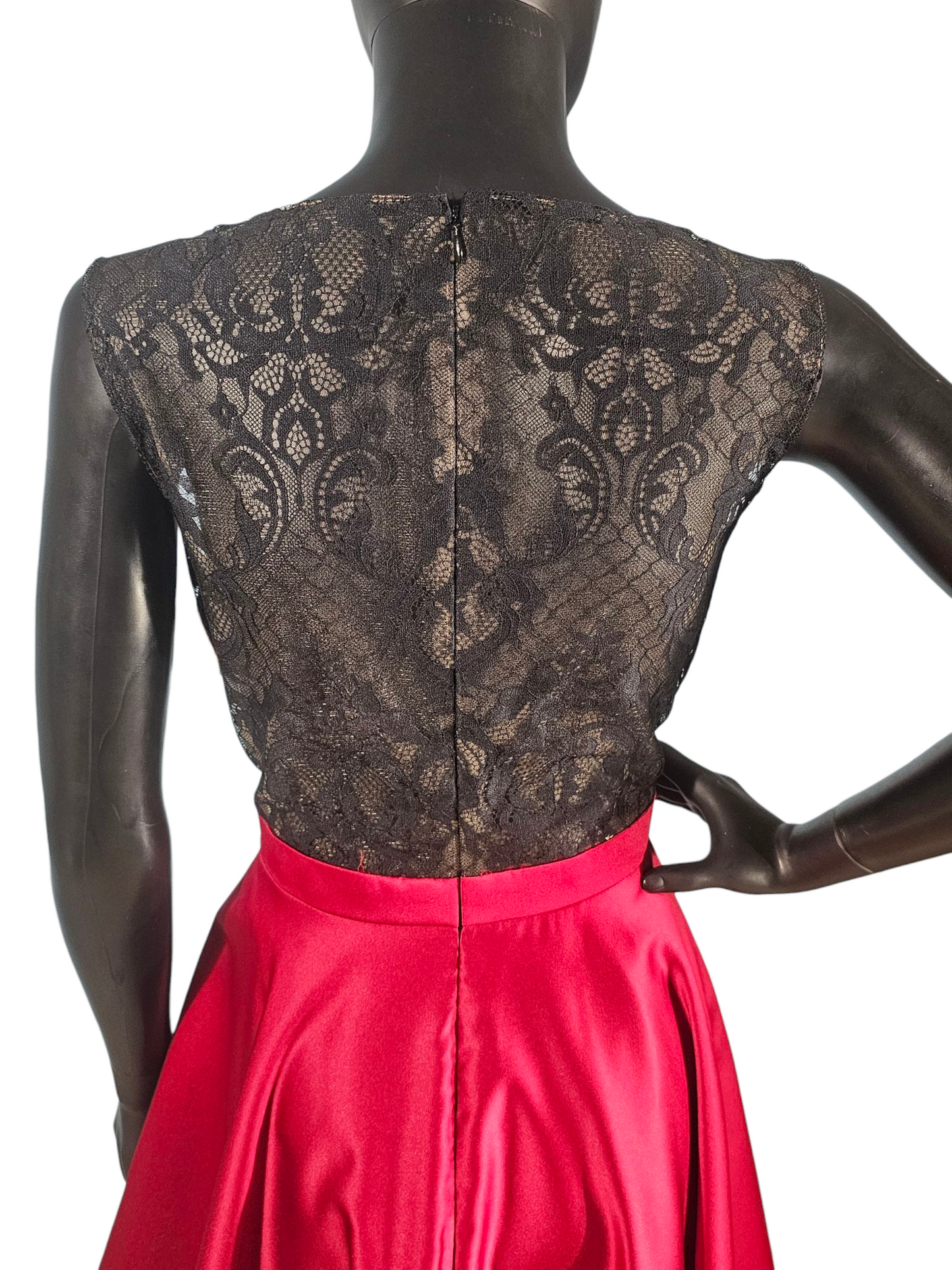 Claret Satin/Black Lace Illusion Back A-Line - Da Vinci