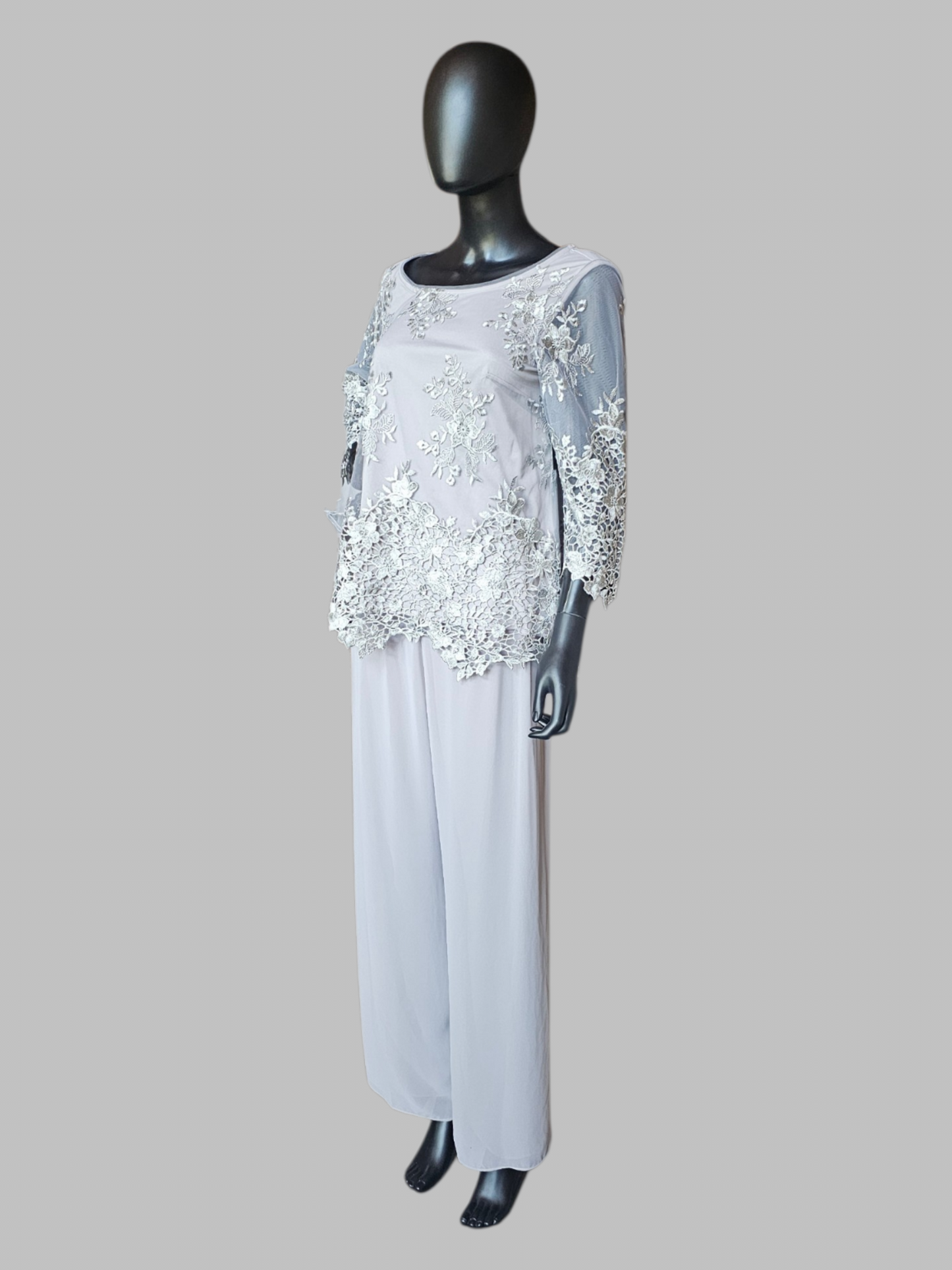 Grey Lace 3/4 Sleeve Chiffon 2 Piece Pant Mothers Formal Wear - Alex Evenings