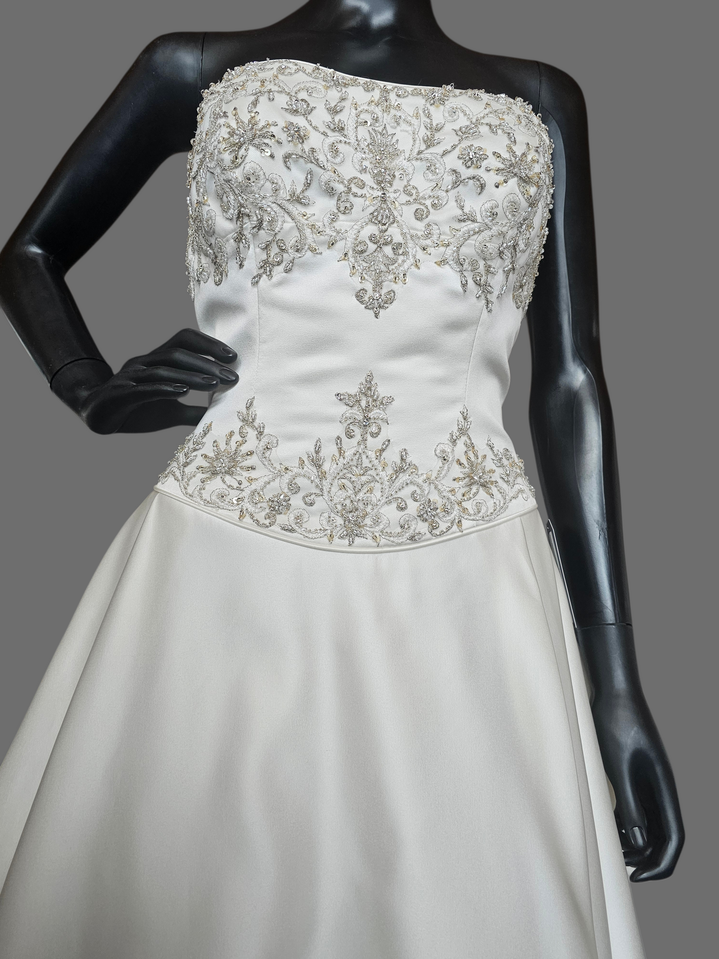 Ivory Satin Strapless Basque Waist Embroidered Wedding Gown  - Signature